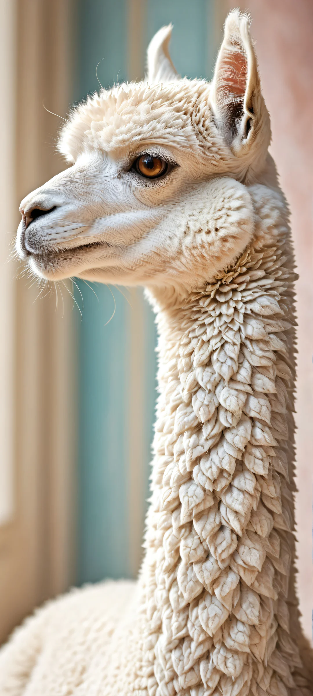 A stunning alpaca figurine on a pure void background with intricate details, perfekt optimiert für iPhone/Android-Startbildschirme.