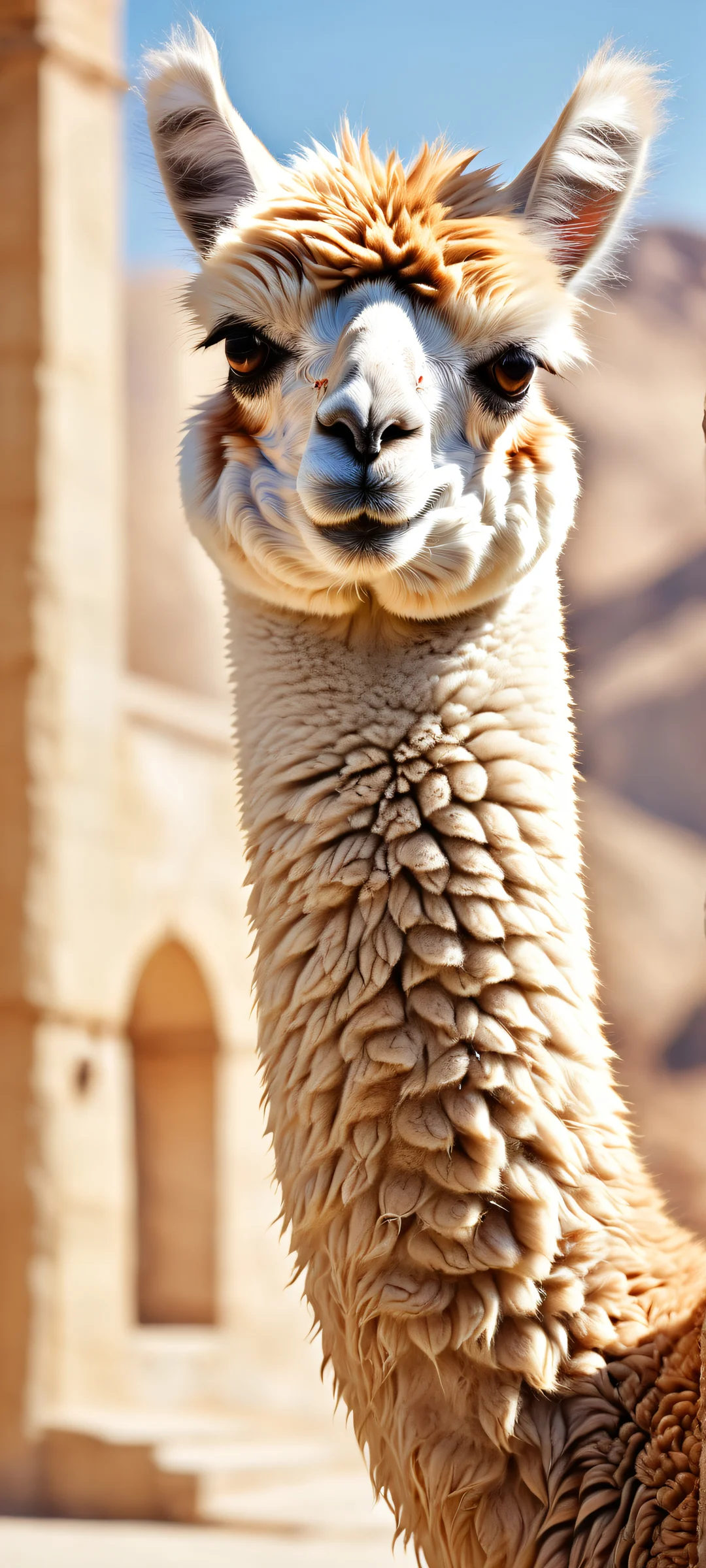 A majestic alpaca proudly stands in the lower-middle of this stunning portrait, perfect for iPhone and Android home screens. The bright, airy atmosphere is contrasted by a detailed background featuring an absurdly high resolution.