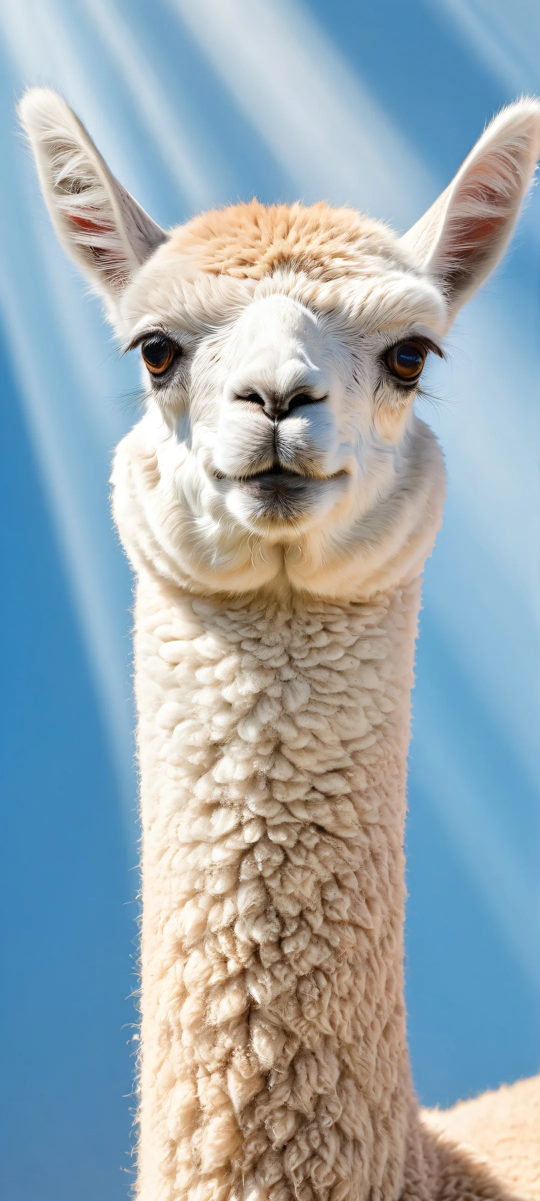 Ethereal Alpaca Portrait 2K Phone Wallpaper A stunning vertical portrait of an alpaca against a vast pure void, perfectly optimized for iPhone/Android home screens.