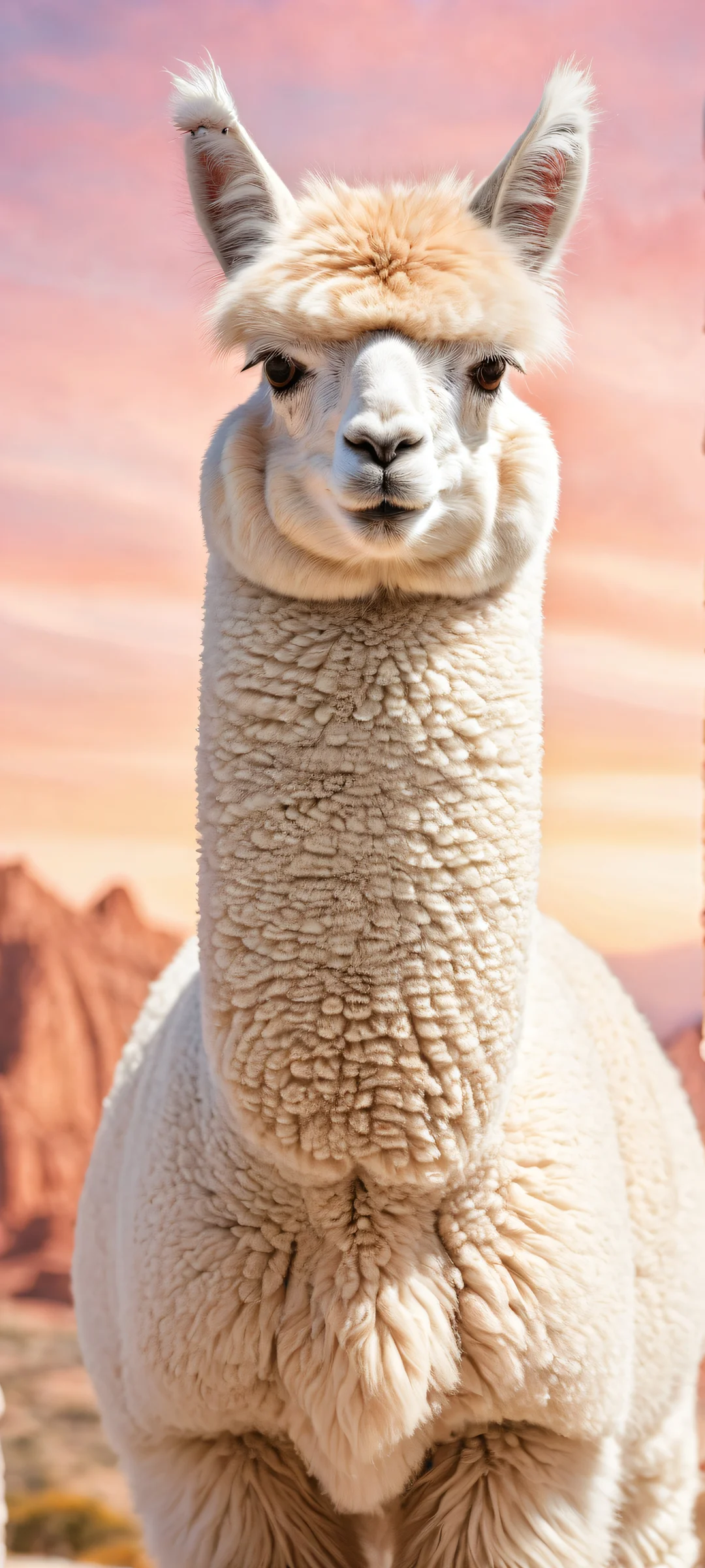 Serene alpaca standing in a vast pure void against intricate micro-details of its fur and surroundings. Perfectly optimized for iPhone/Android home screens.