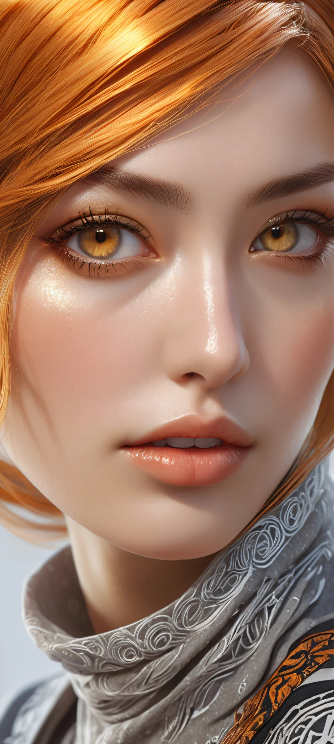 A lone female character in the lower-middle with intricate design elements inspired by Genshin Impact's Amber, perfectly clean and empty top half, iPhone/Android wallpaper.