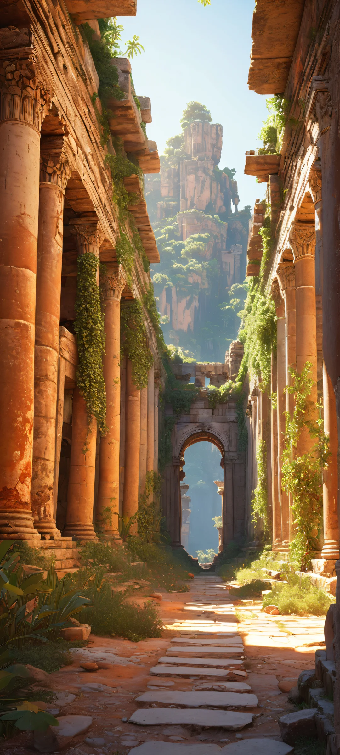 Ancient ruins on a serene iPhone/Android background with intricate details and radiant colors.
