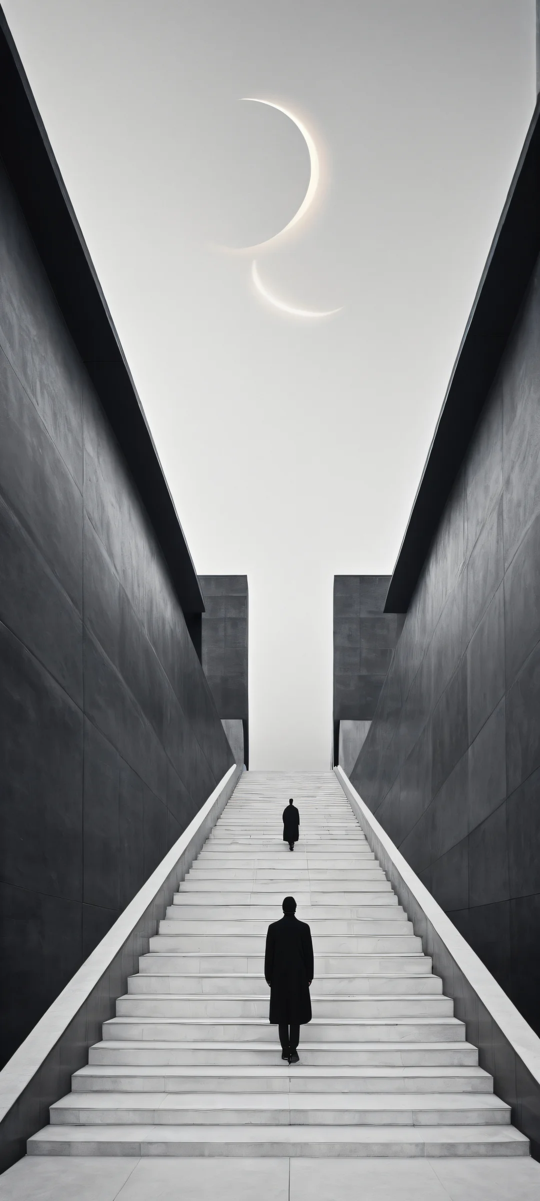 iPhone and Android users will be mesmerized by this breathtaking vertical portrait artwork featuring a lone figure amidst intricate micro-details, with a vast pure void above and an endless staircase leading to a split sky.