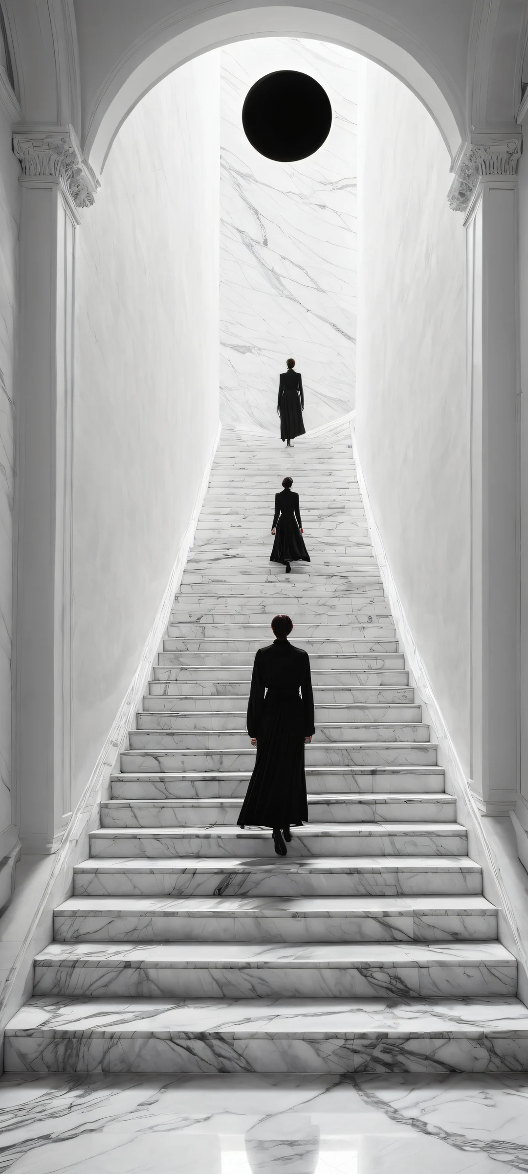 A lone figure pauses on a staircase that ascends into the sky. iPhone and Android compatible.