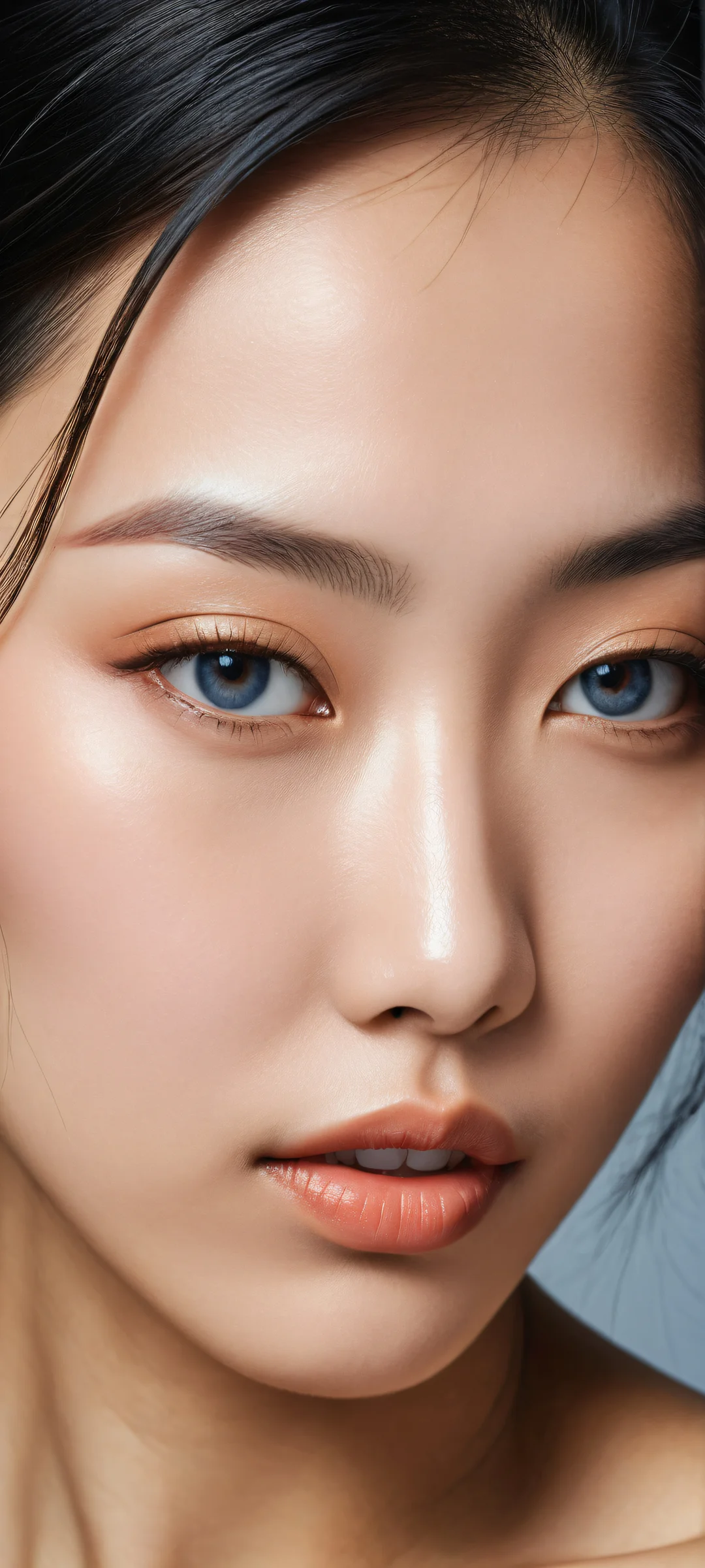 A stunning Asian woman's face on a dark background, Perfectamente optimizado para pantallas de inicio de iPhone/Android..