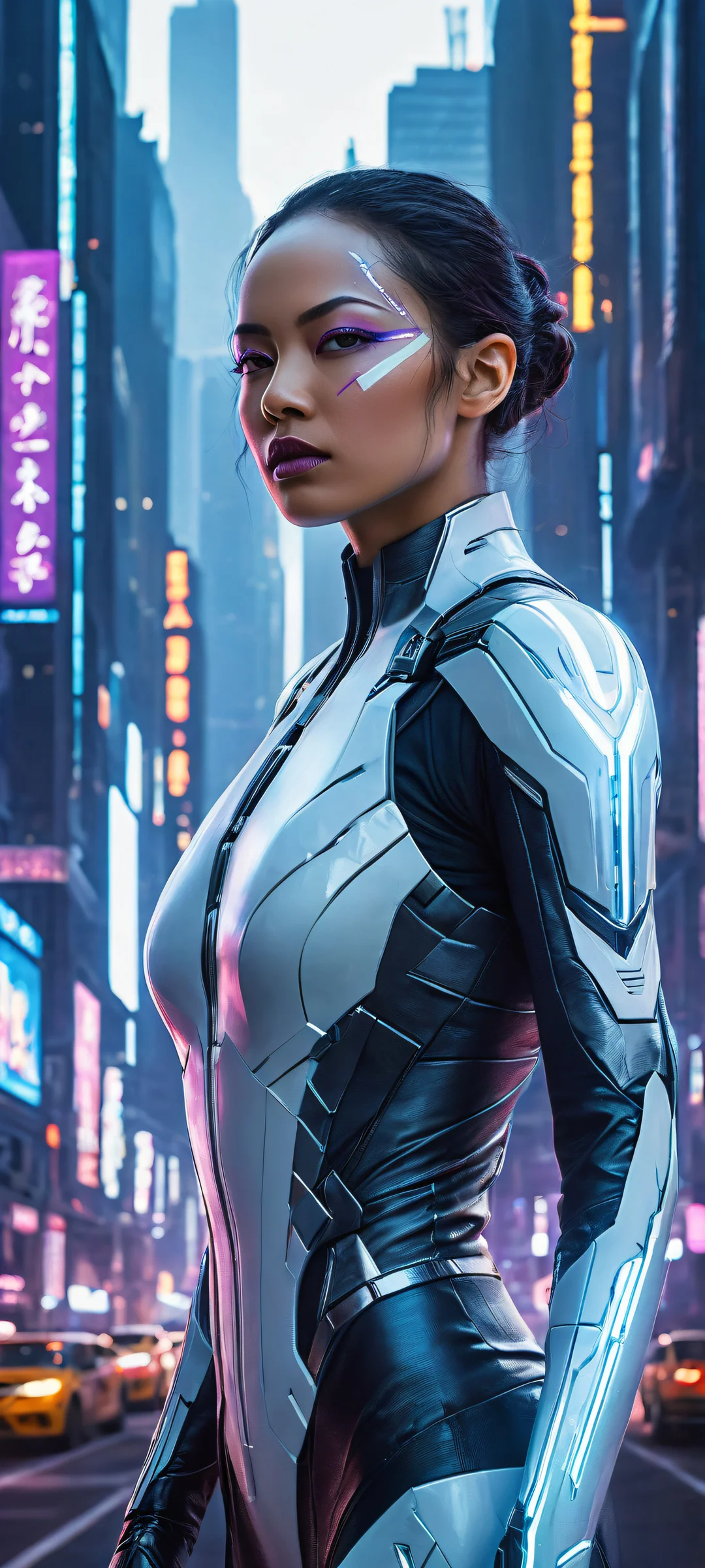 A stealthy Wabi-sabi assassin with cybernetic enhancements on a dark cityscape at dusk, perfectly optimized for iPhone and Android home screens.