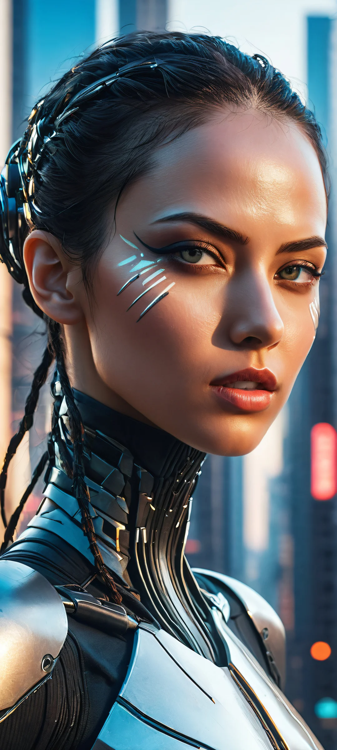 A cybernetic assassin on a futuristic cityscape at dusk, perfectly optimized for iPhone/Android home screens.