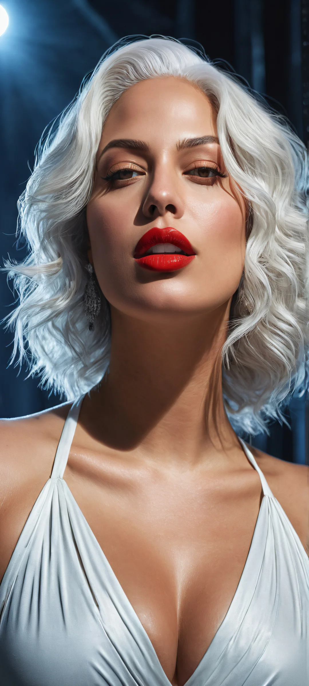 Breathtaking portrait of Ashley Graham on iPhone/Android, with intricate micro-details and a vast void background.