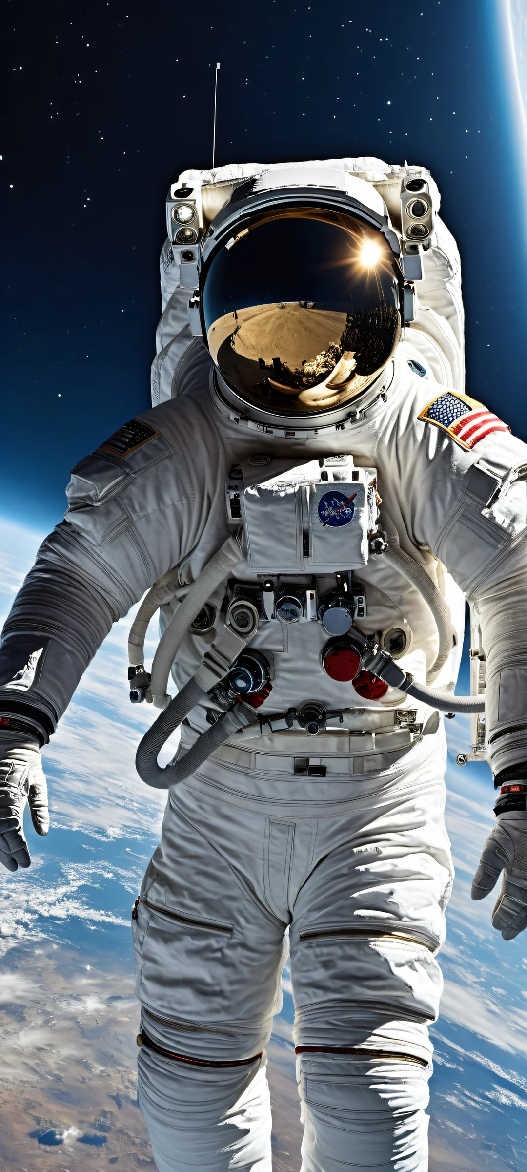 iPhone/Android wallpaper featuring a stunning celestial astronaut scene with the majestic Moon rising above a serene night sky.