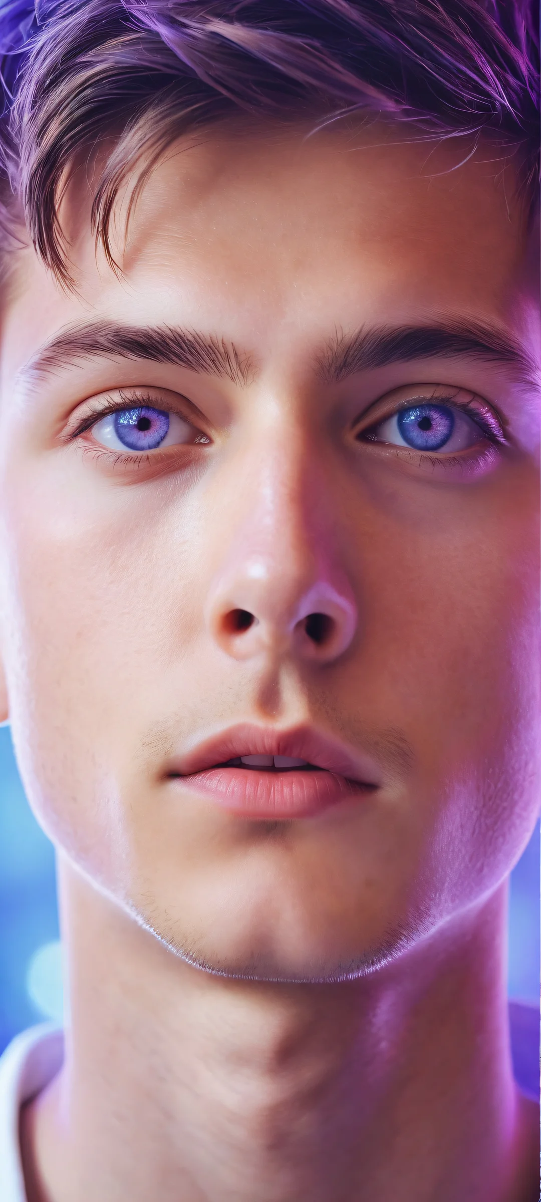Mystical boy with radiant purple eyes and intricate locks on iPhone/Android wallpaper.