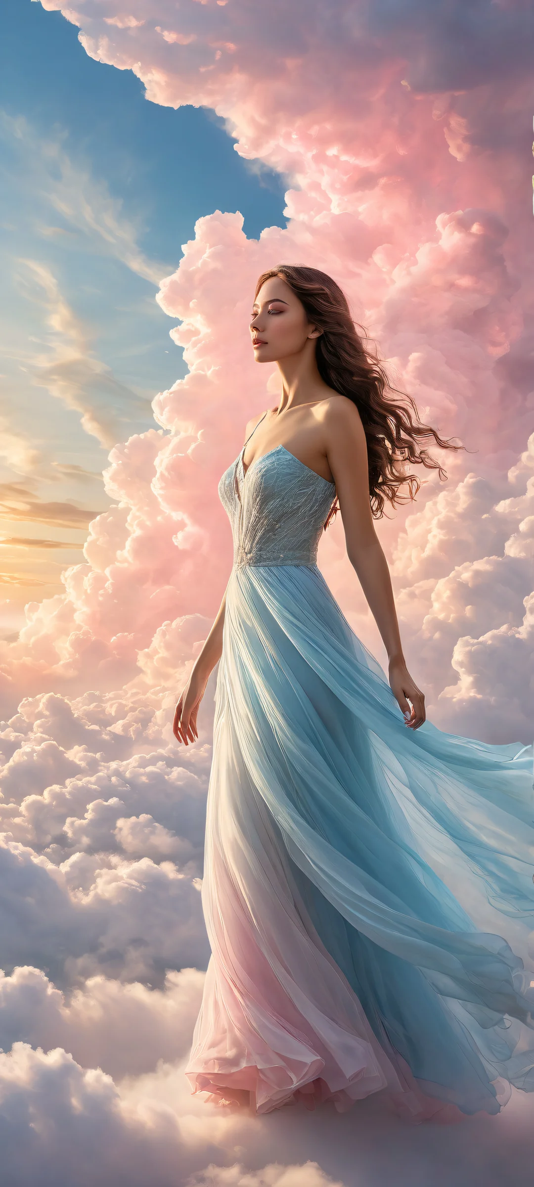 iPhone and Android mobile wallpaper featuring a breathtaking portrait of Aurora against swirling clouds and radiant lights.