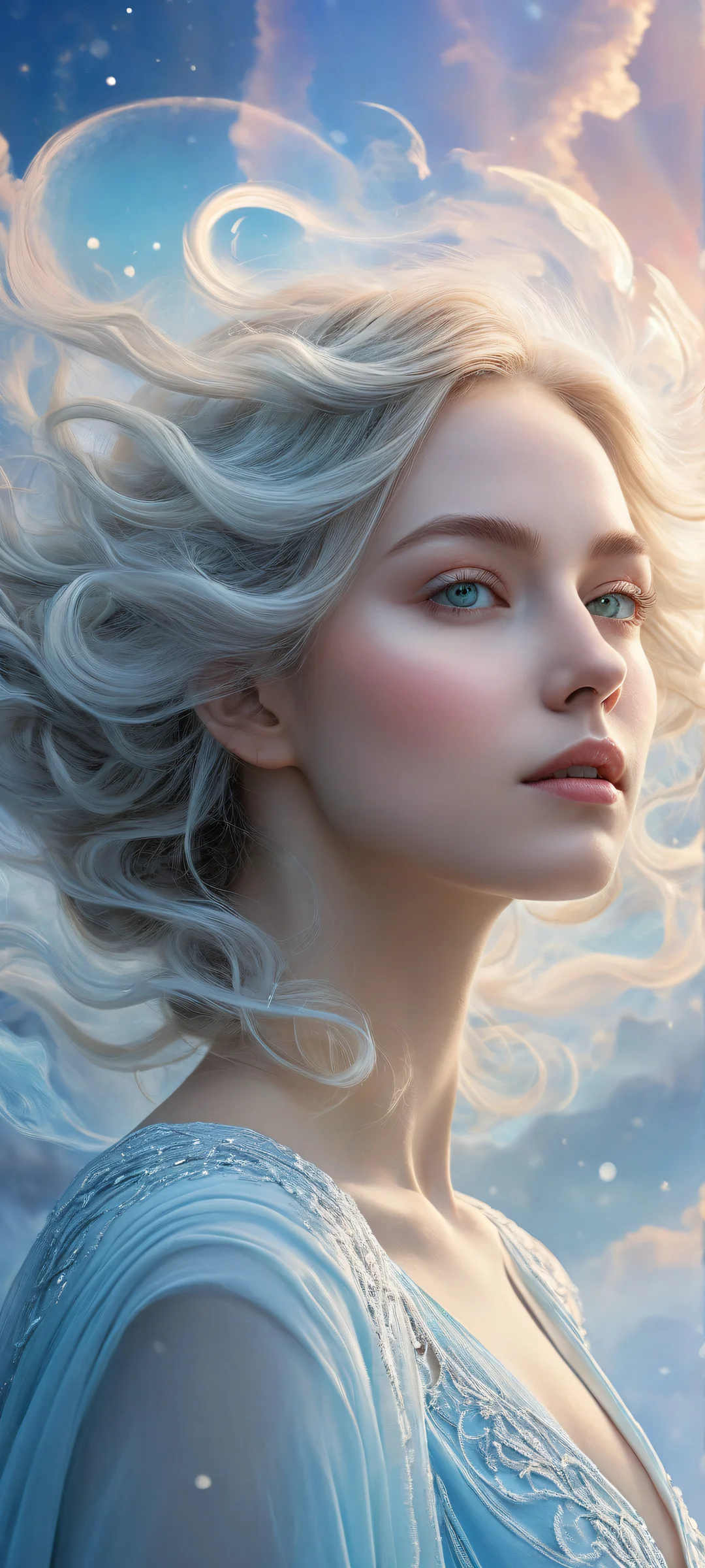 iPhone and Android compatible mobile wallpaper featuring a breathtaking portrait of Aurora amidst swirling clouds and shimmering particles.