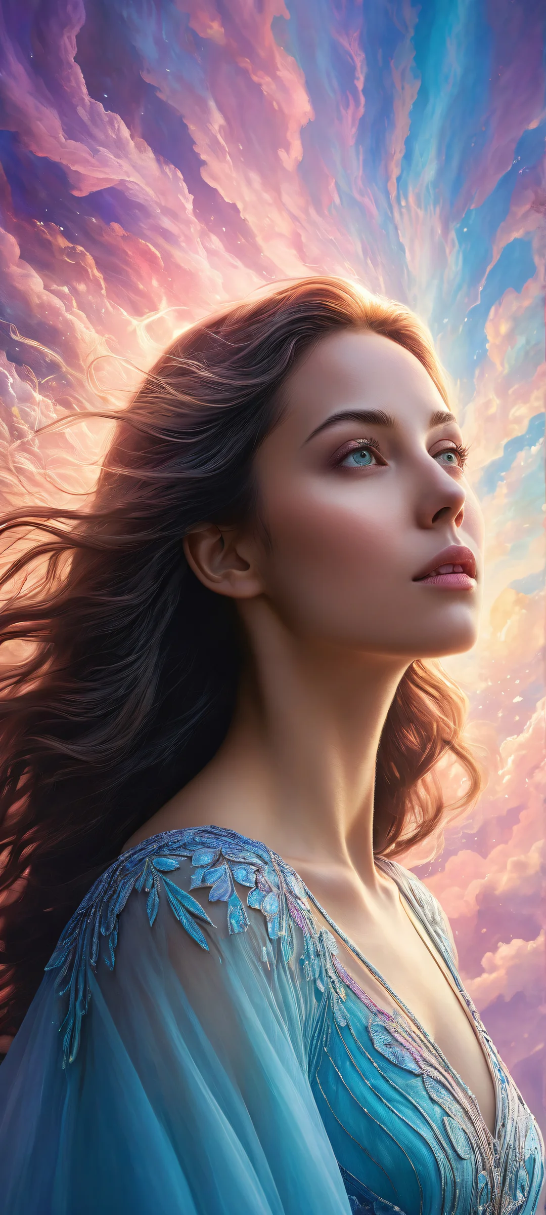 A breathtaking vertical portrait artwork of Aurora placed in the lower-middle, with swirling clouds and mystical energy. Perfect for iPhone/Android home screens.