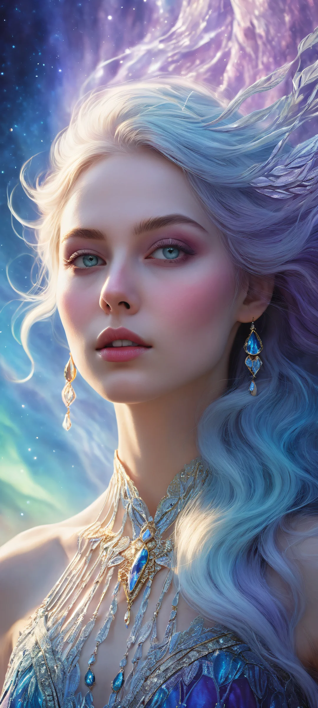 Ethereal Aurora Portrait Aesthetic Phone Wallpaper A breathtaking portrait of Aurora on iPhone/Android devices with cosmic background and micro-details