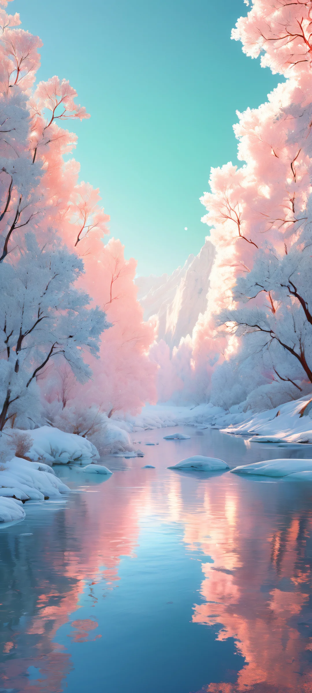 Aurora portrait for iPhone and Android with radiant colors and reflections.