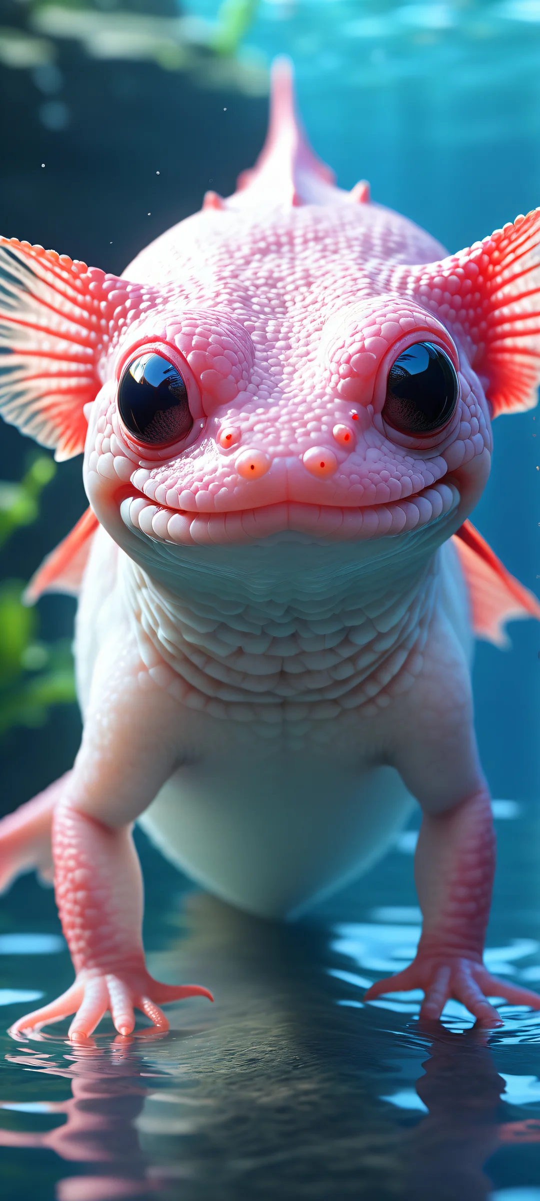 iPhone and Android users can bask in the serene underwater scene of this breathtaking axolotl artwork, featuring intricate micro-details and ray-traced reflections.
