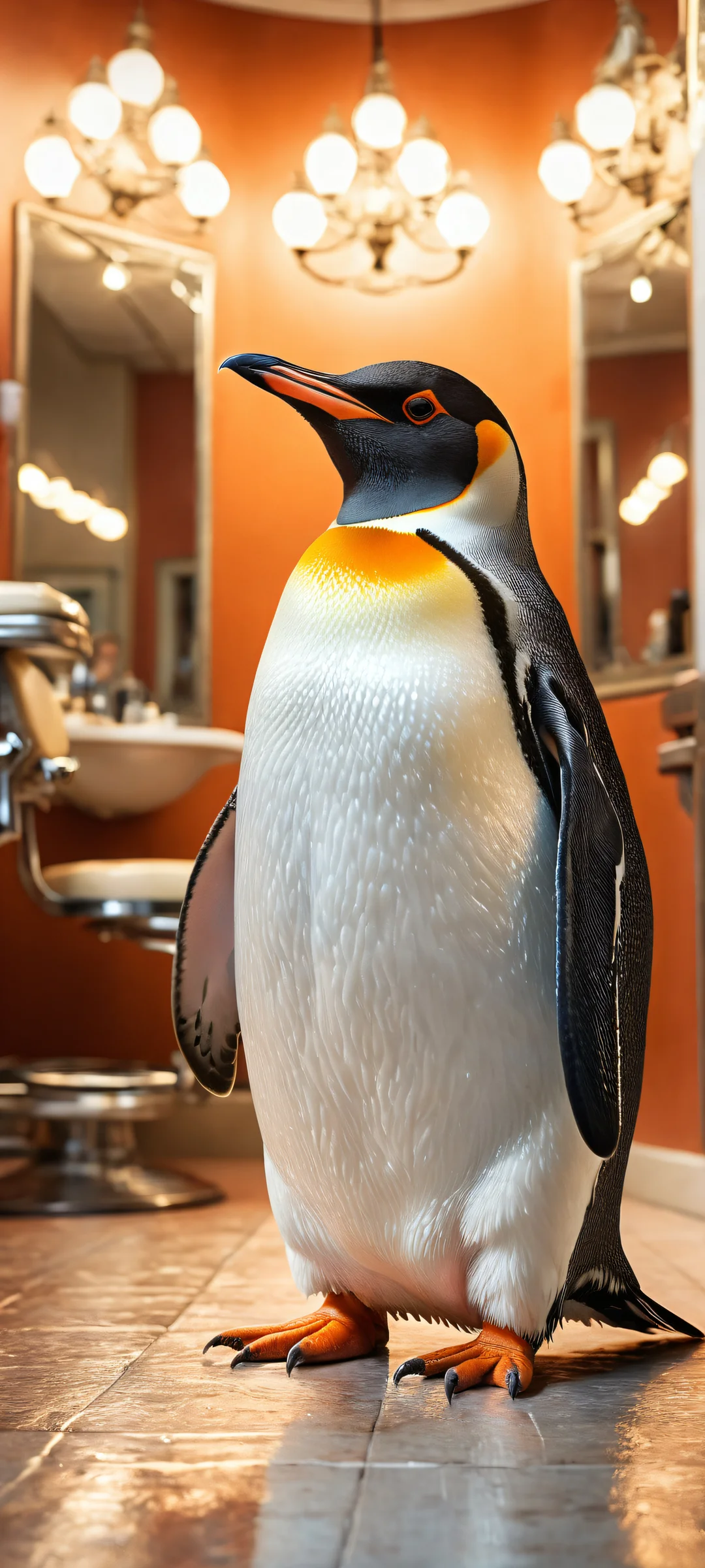 iPhone and Android users will love this stunning portrait of a penguin getting groomed by a human barber in a vintage barbershop setting, with intricate micro-details and ethereal lighting.