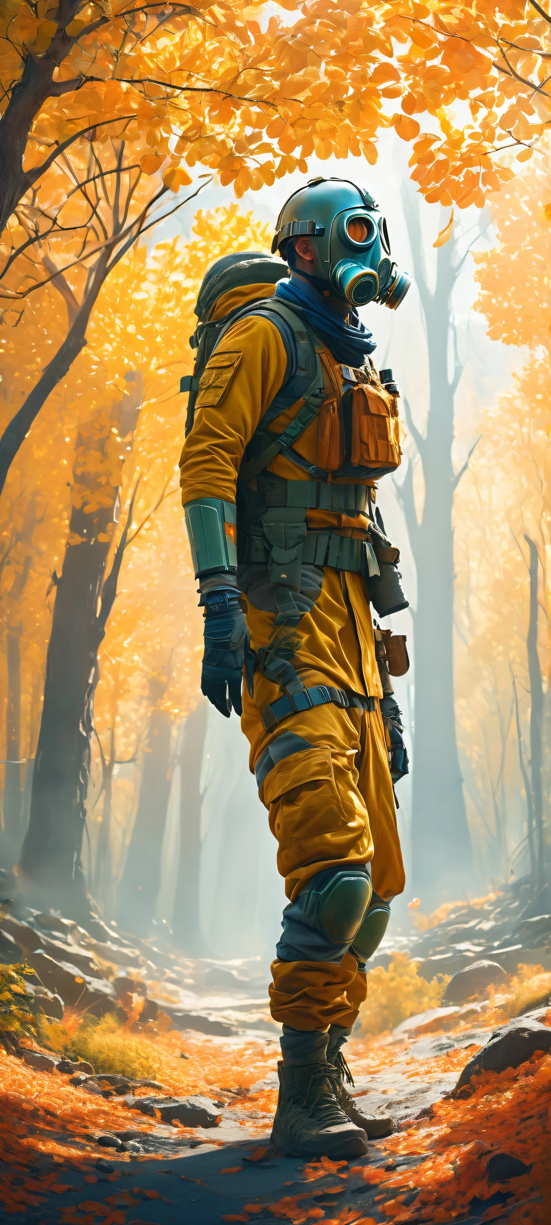 iPhone and Android users will love this stunning digital art featuring video game characters in gas masks and armor, with a pristine void background and breathtaking battlefield landscape. Perfect for home screens!