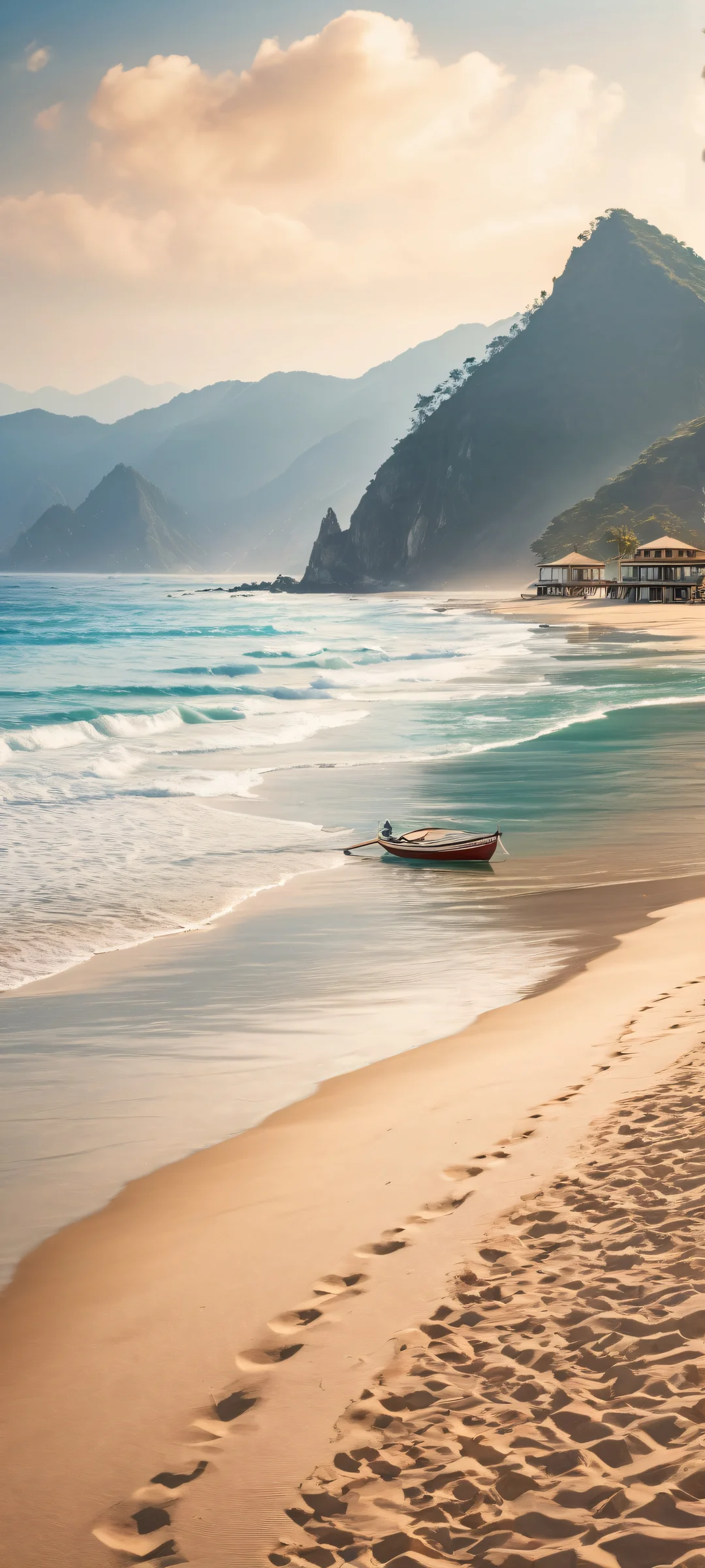 Relax on this serene beach with iPhone/Android, where the tranquil atmosphere and majestic mountains transport you to a state of serenity.