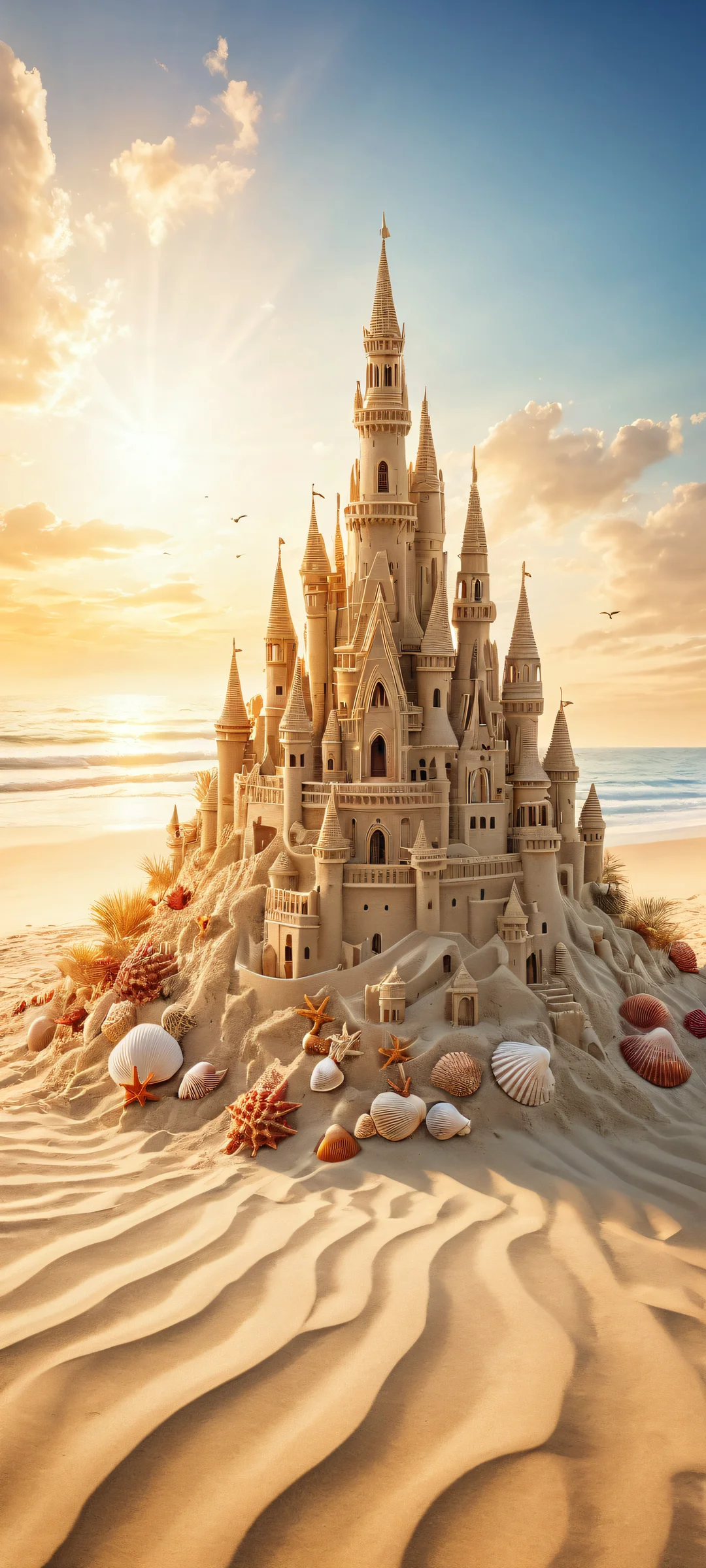 A stunning iPhone and Android wallpaper featuring a breathtaking vertical portrait of a sand castle on a serene beach, perfectly optimized for mobile home screens.