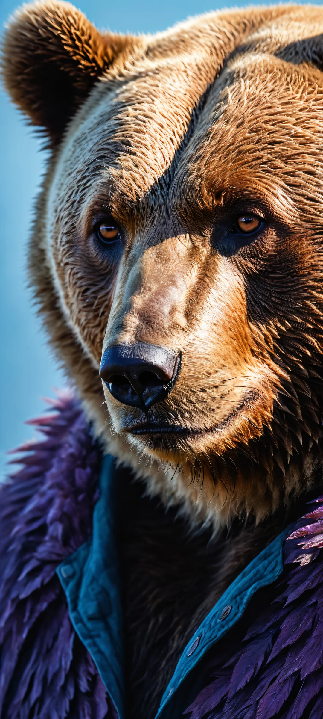 A breathtaking vertical portrait of a lone anthro bear on iPhone/Android, with intricate textures and patterns on its fur, 広大な純粋な虚空を背景に.