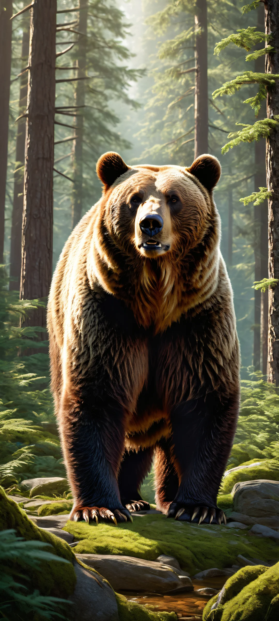 A stunning vertical portrait of a lone bear against a serene forest landscape, perfekt optimiert für iPhone- und Android-Startbildschirme.