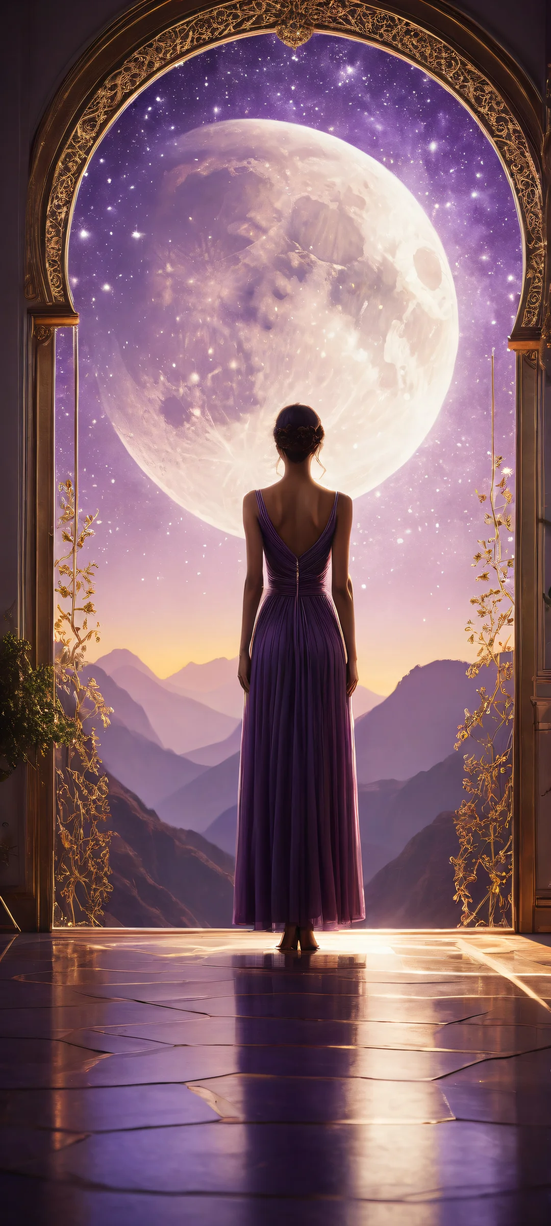 A figure placed in the lower-middle, intricately detailed hands and fingers, with a crescent moonlit floor and legs dangling just above. Perfeitamente otimizado para iPhone, Galáxia Samsung, e telas iniciais do Android.