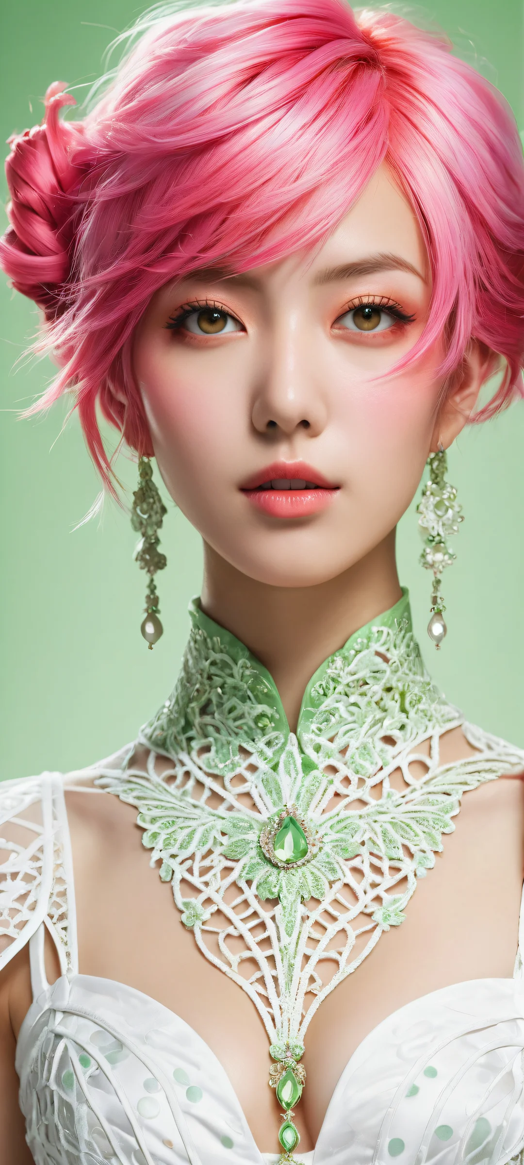 A stunning anime girl with vibrant pink hair and intricate costume design on a pure void background, perfect for iPhone/Android home screens.