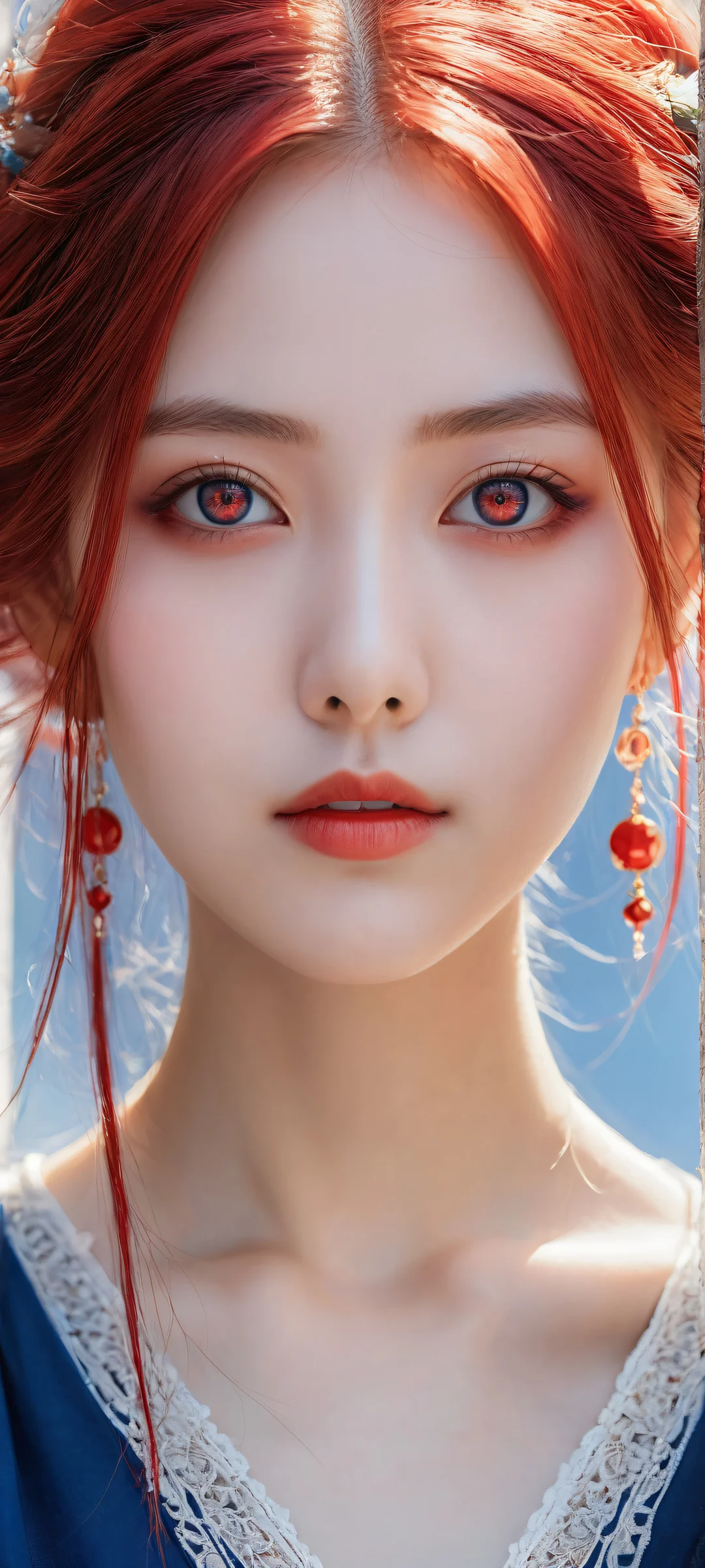 A stunning anime girl with striking red eyes and long red hair on an iPhone/Android device.