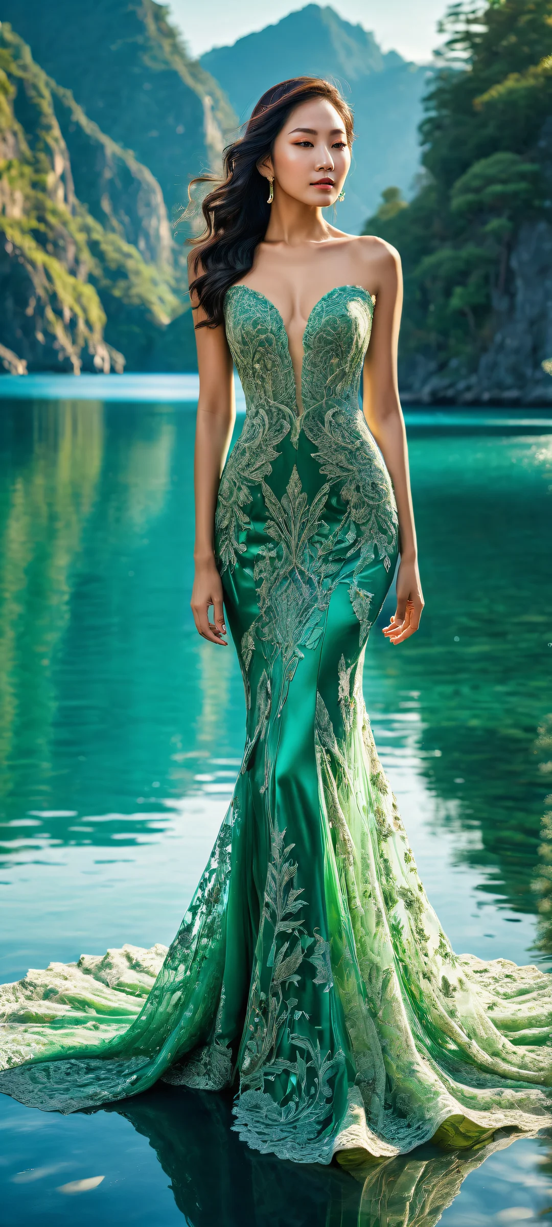 A stunning Asian woman in a green gown, perfect for iPhone and Android home screens.