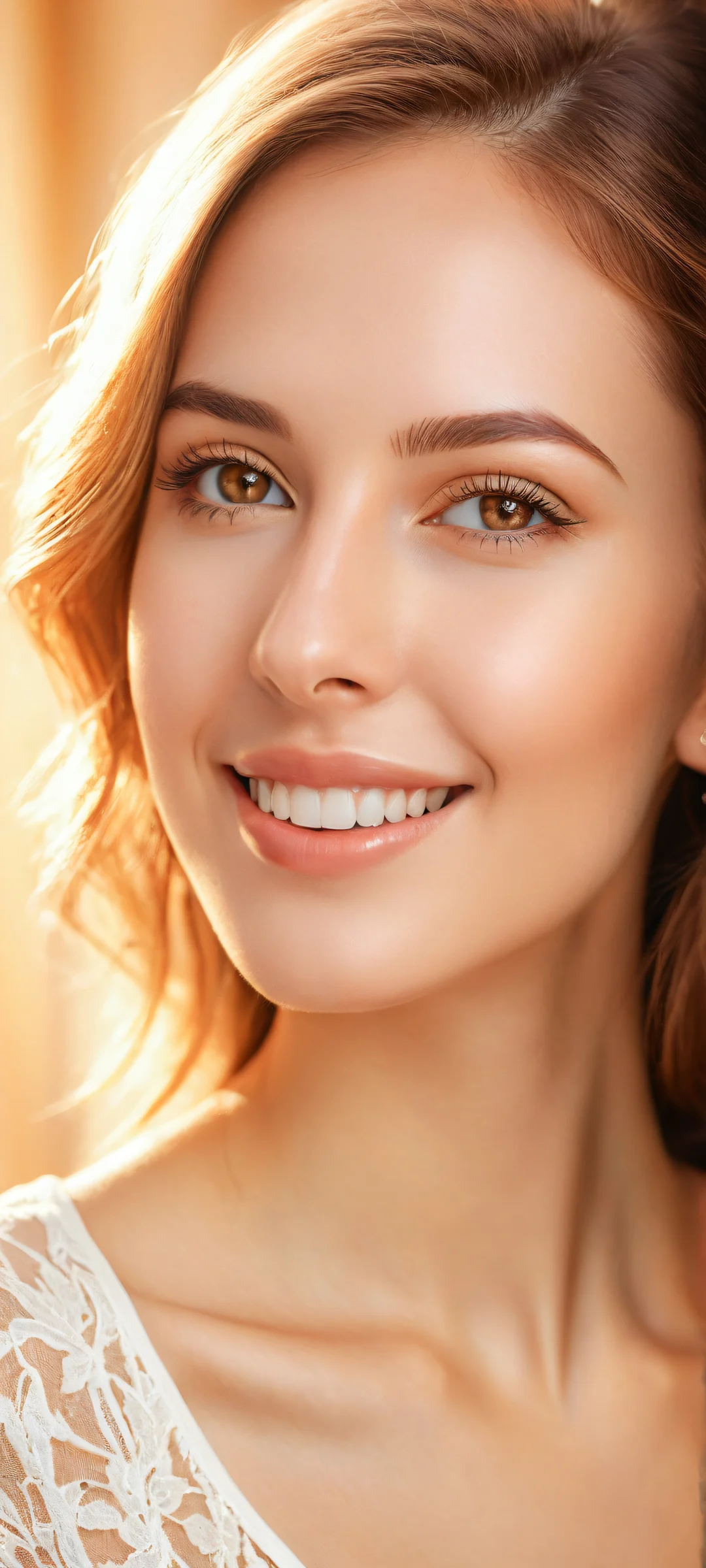 A stunning young woman with long eyelashes and a warm smile on iPhone/Android mobile device wallpaper, with intricate details and soft pastel hues in the background.