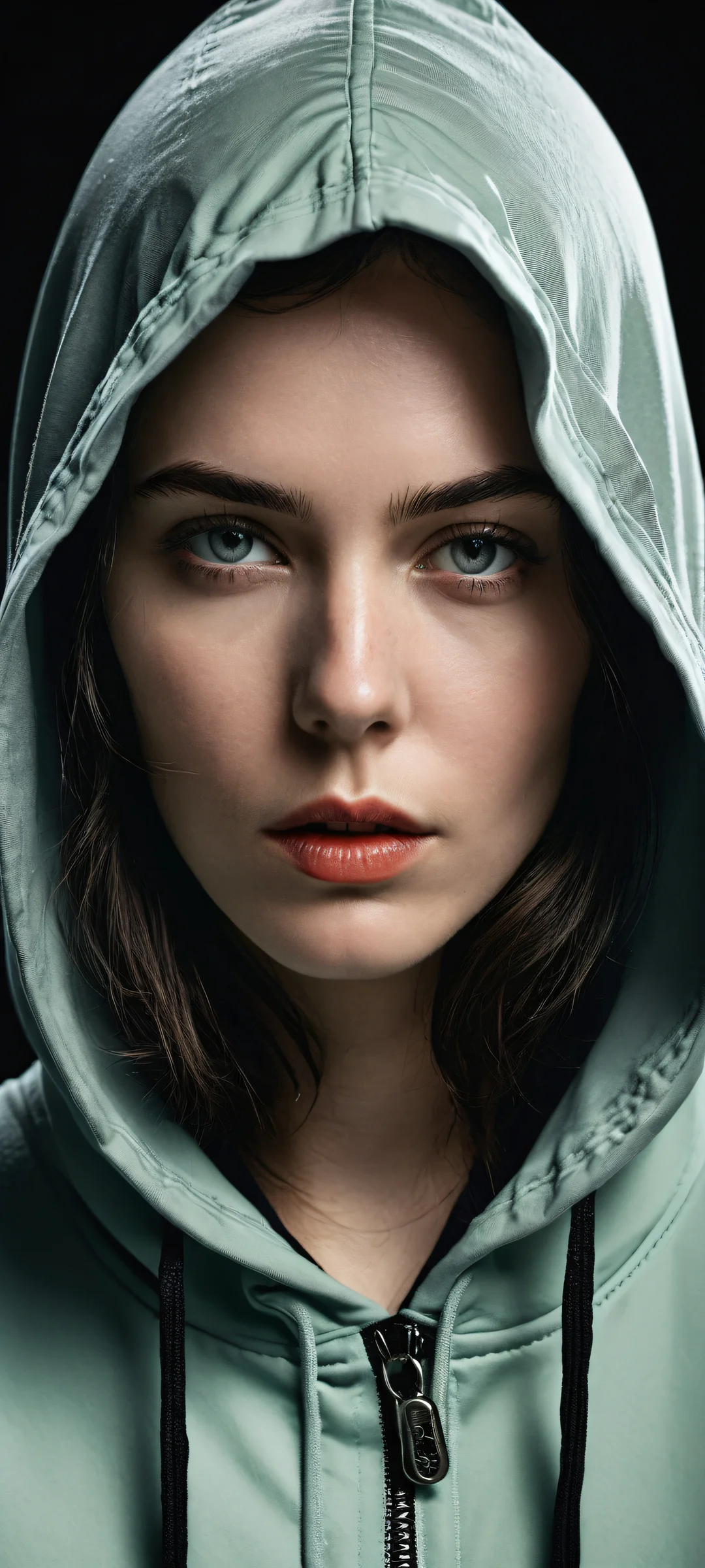 A young woman in a stunning nocturnal setting for iPhone and Android. Her reflective clothing shines against the dark mode aesthetic.