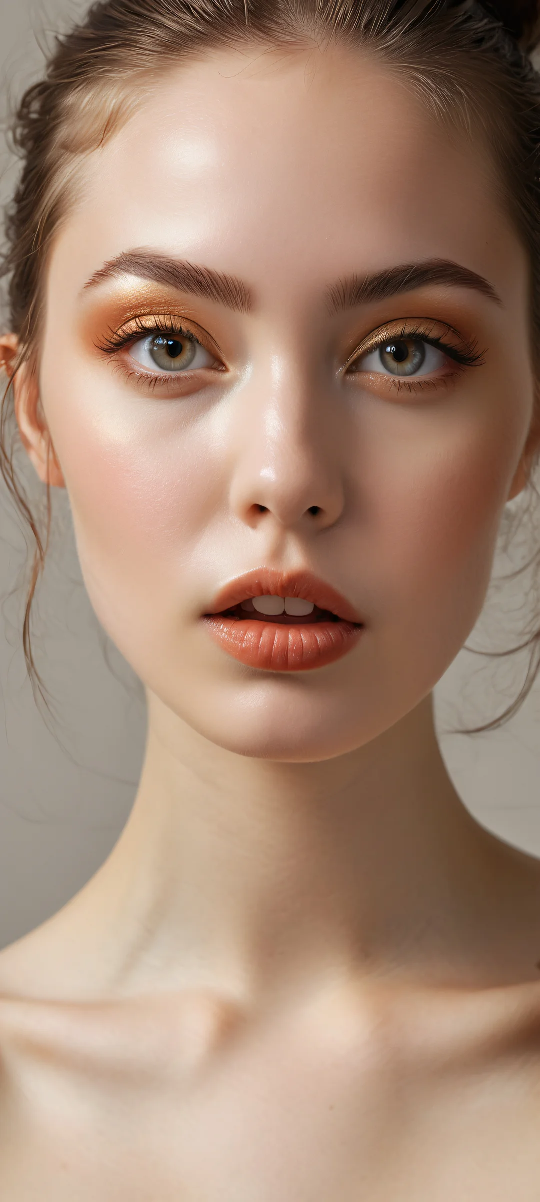 A stunning vertical portrait of The Cutest Girl In The World on a clean gray and cream background, perfectly optimized for iPhone/Android home screens.