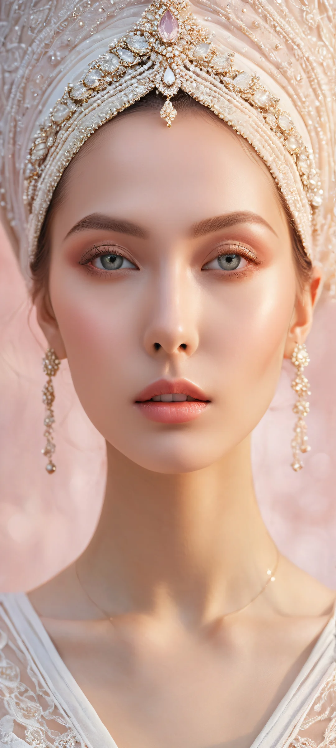 Stunning portrait of a beautifully placed face with intricate micro-details and whimsical shapes on iPhone/Android