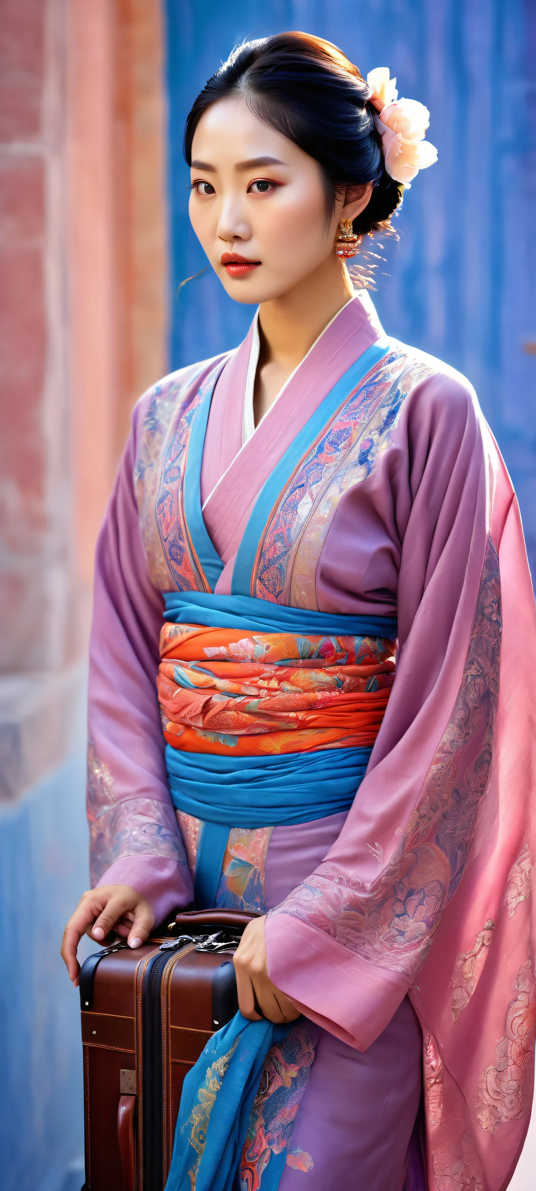 Ethereal Beauty QHD Smartphone Background A breathtaking vertical portrait of an Asian woman grasping a suitcase handle against a stunning gradient background, perfectly optimized for iPhone and Android home screens.