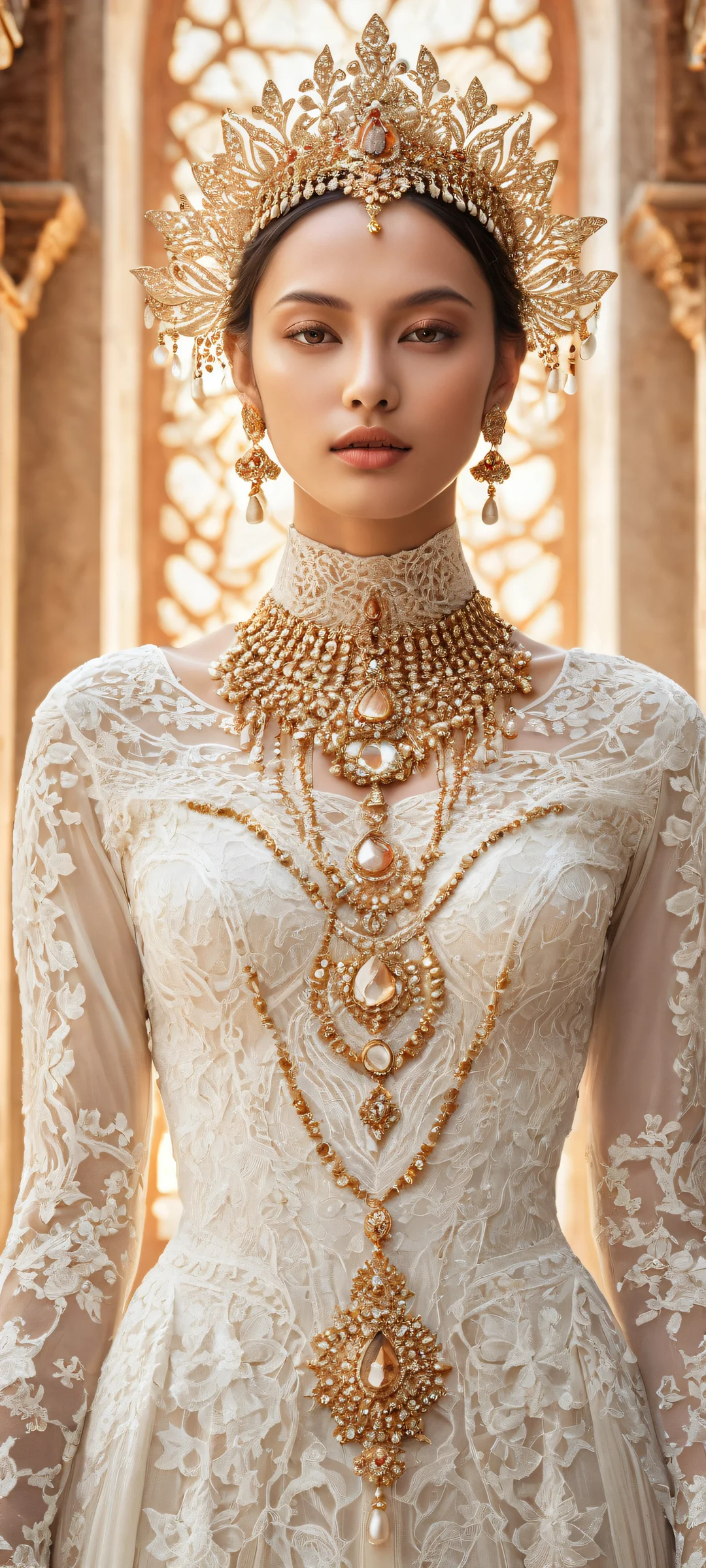 Ethereal Beauty iPhone & Samsung QHD-Hintergrundbild A stunning portrait of a woman on an iPhone/Android phone with intricate jewelry and ornate clothing, surrounded by a vast empty space.