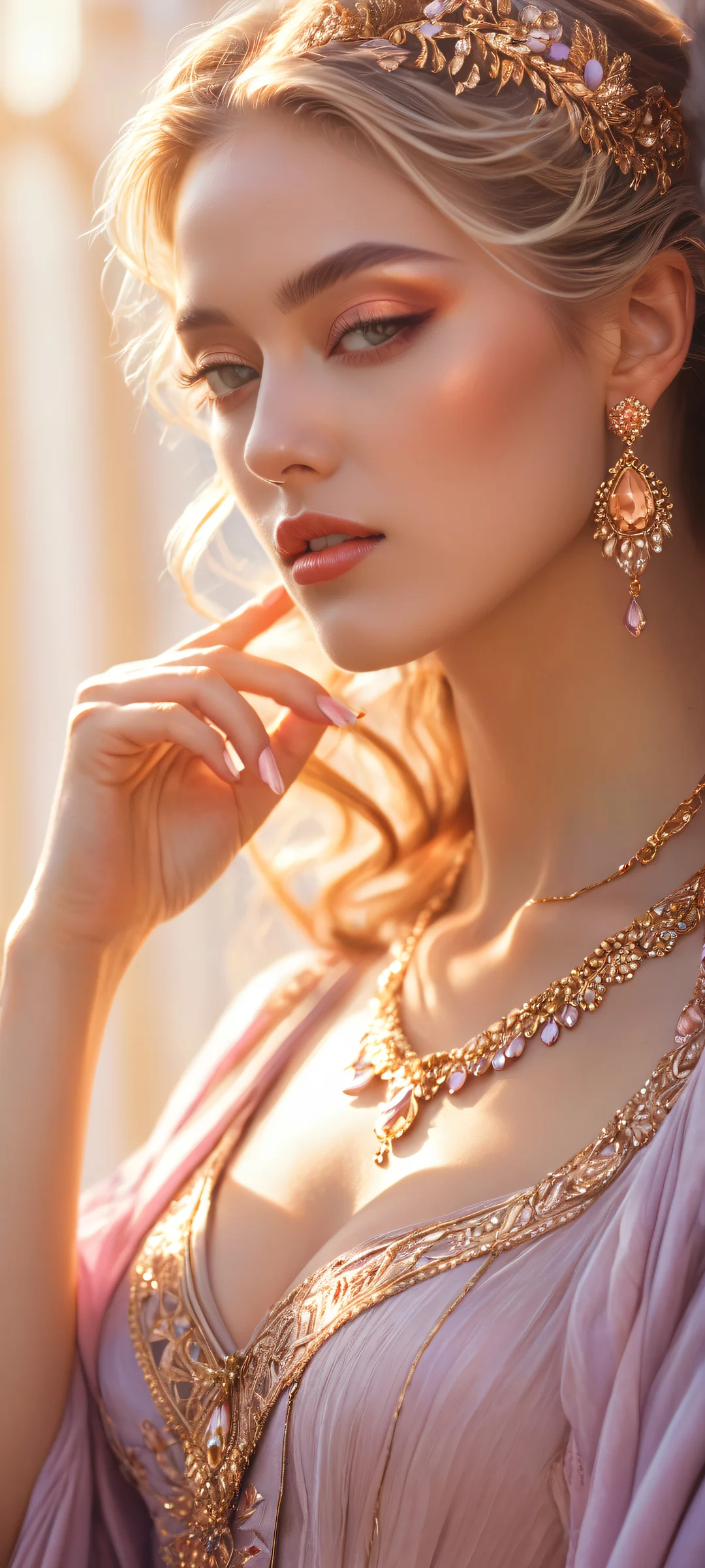A stunning beauty portrait with intricate details on her skin, jewelry, and attire, perfectly optimized for iPhone/Android home screens.