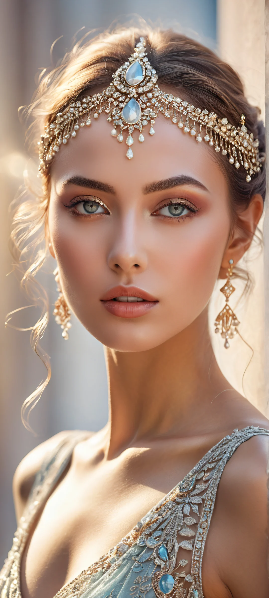 iPhone/Android mobile wallpaper featuring an award-winning digital art portrait of a stunning beauty with intricate micro-details and radiant colors, Perfectamente optimizado para pantallas de inicio..