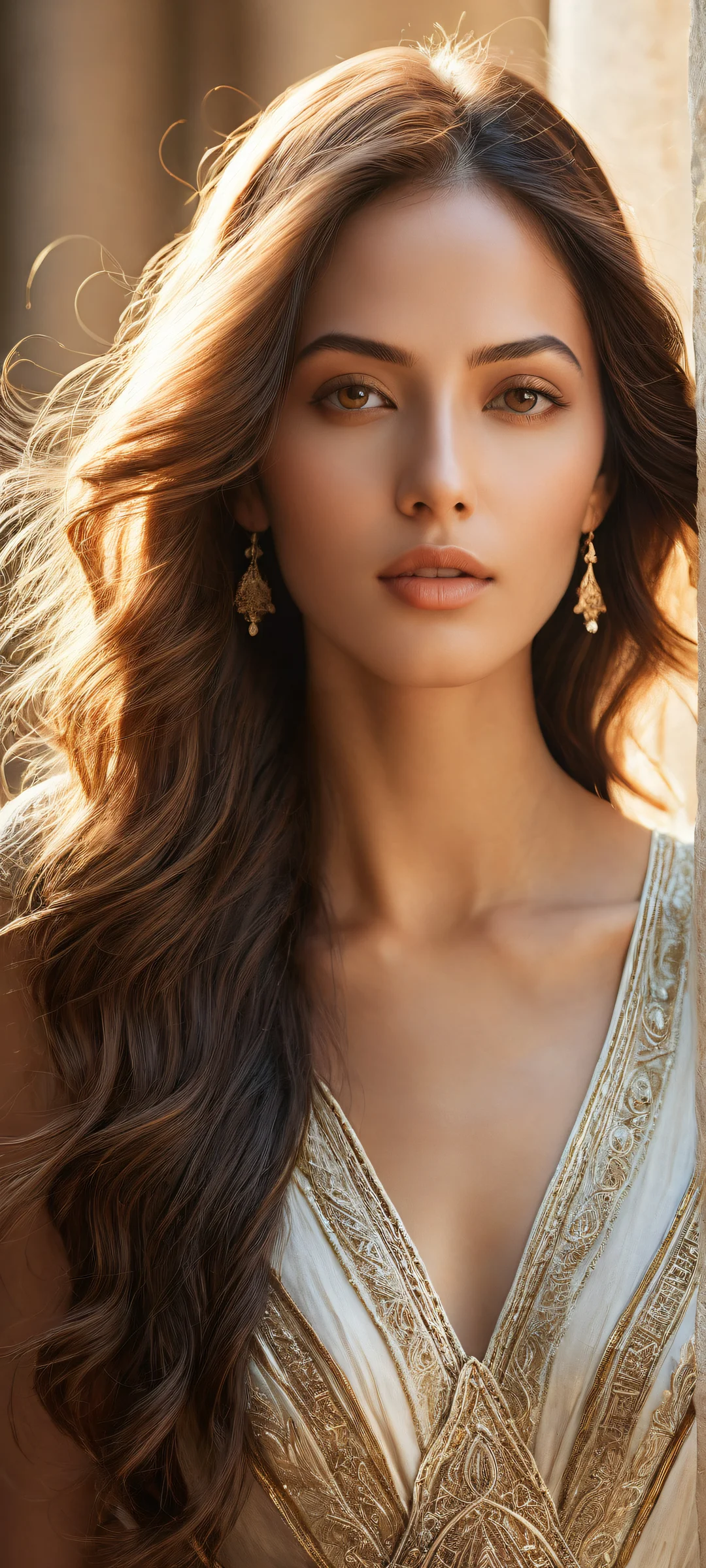 Serene beauty with long hair and radiant lighting for iPhone and Android screens.