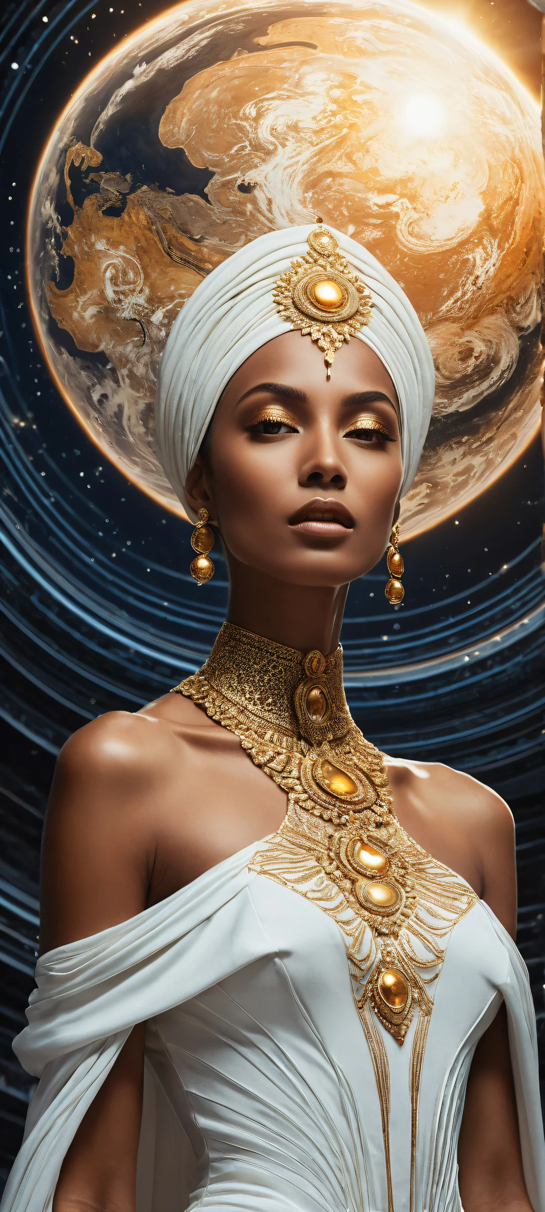 Stunning iPhone/Android portrait wallpaper featuring a beautiful woman in an all-white dress with a planetary sphere head emitting natural weather phenomena and neon hues.