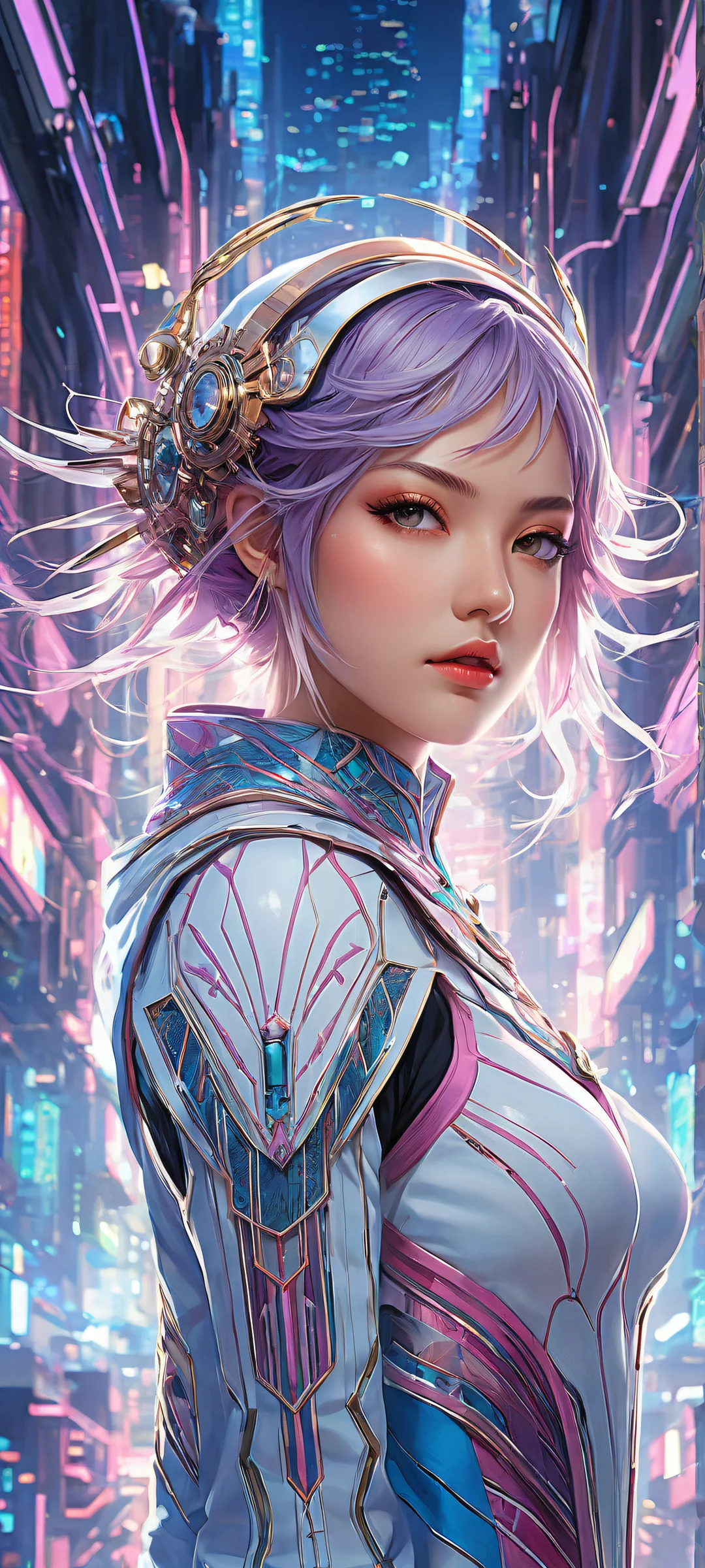 Beautiful anime girl with intricate circuitry patterns on her clothes and accessories, perfectly optimized for iPhone, Samsung Galaxy, and Android home screens.