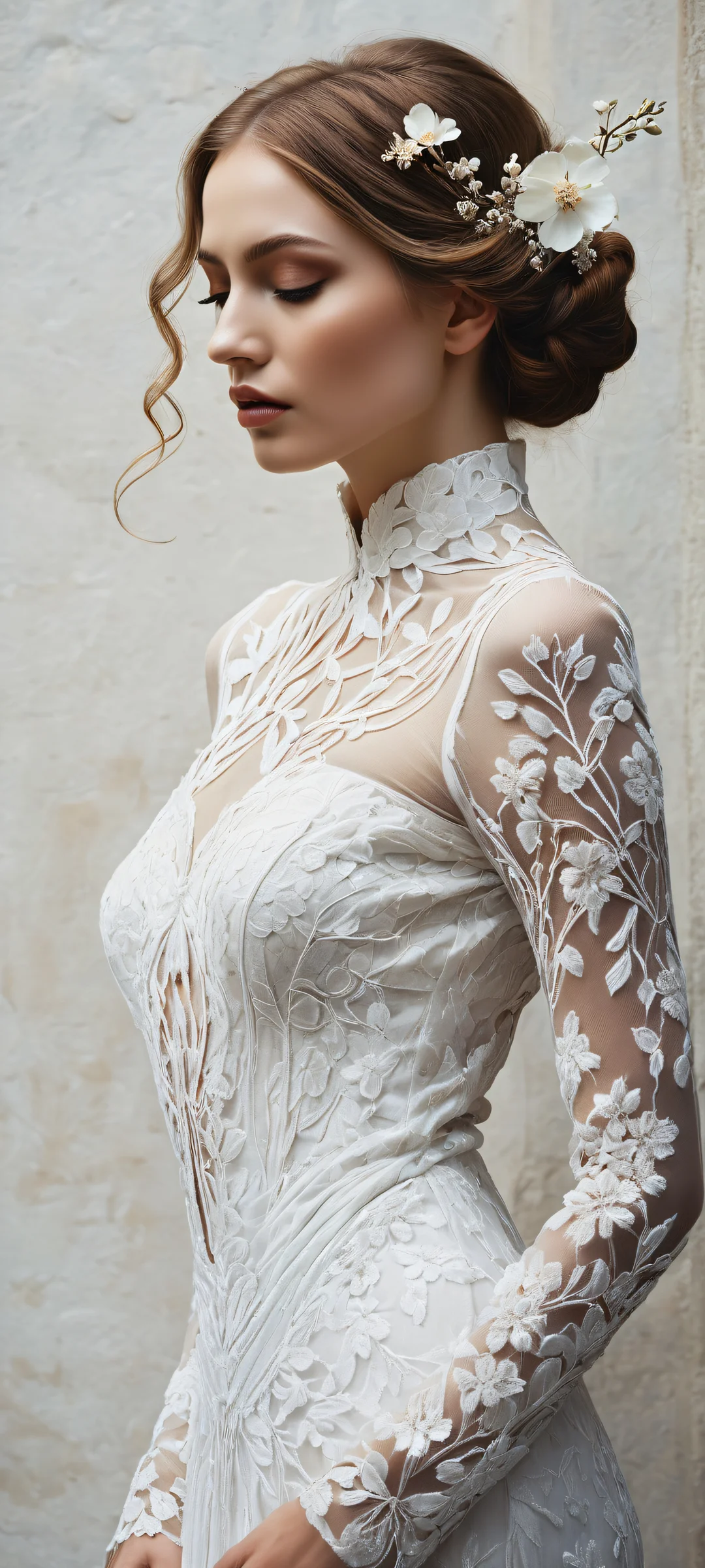 iPhone/Android wallpaper featuring a stunning portrait of a flower-adorned female figure in a sleek dark mode aesthetic, with intricate details and perfect blacks.