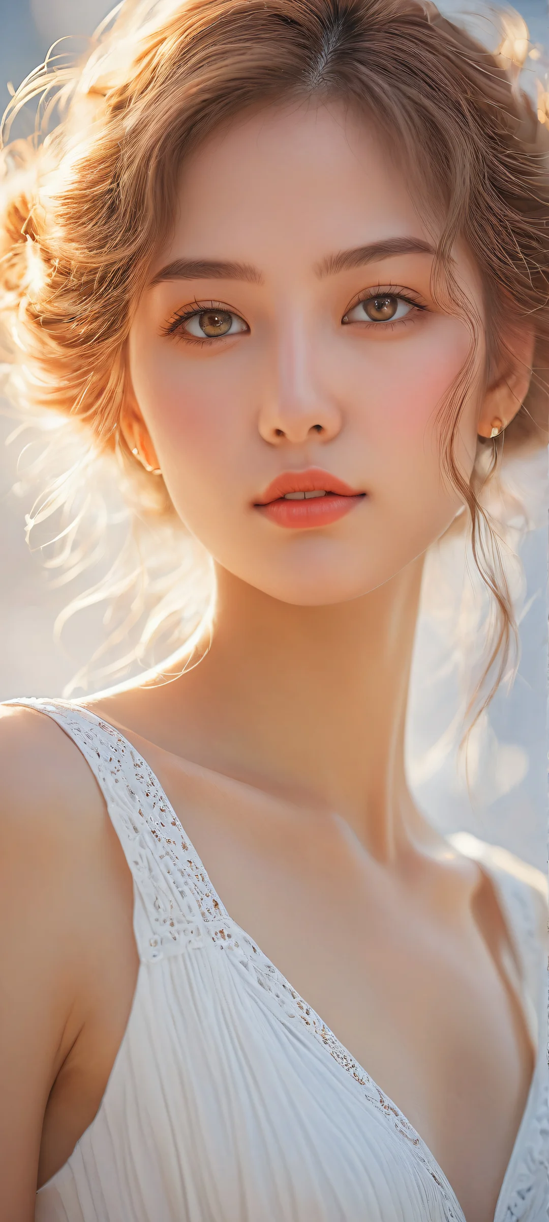 A beautiful anime girl placed in the lower-middle with intricate micro-details and a stunningly rendered portrait, perfectly clean and empty top half with vast pure void, suitable for iPhone/Android.