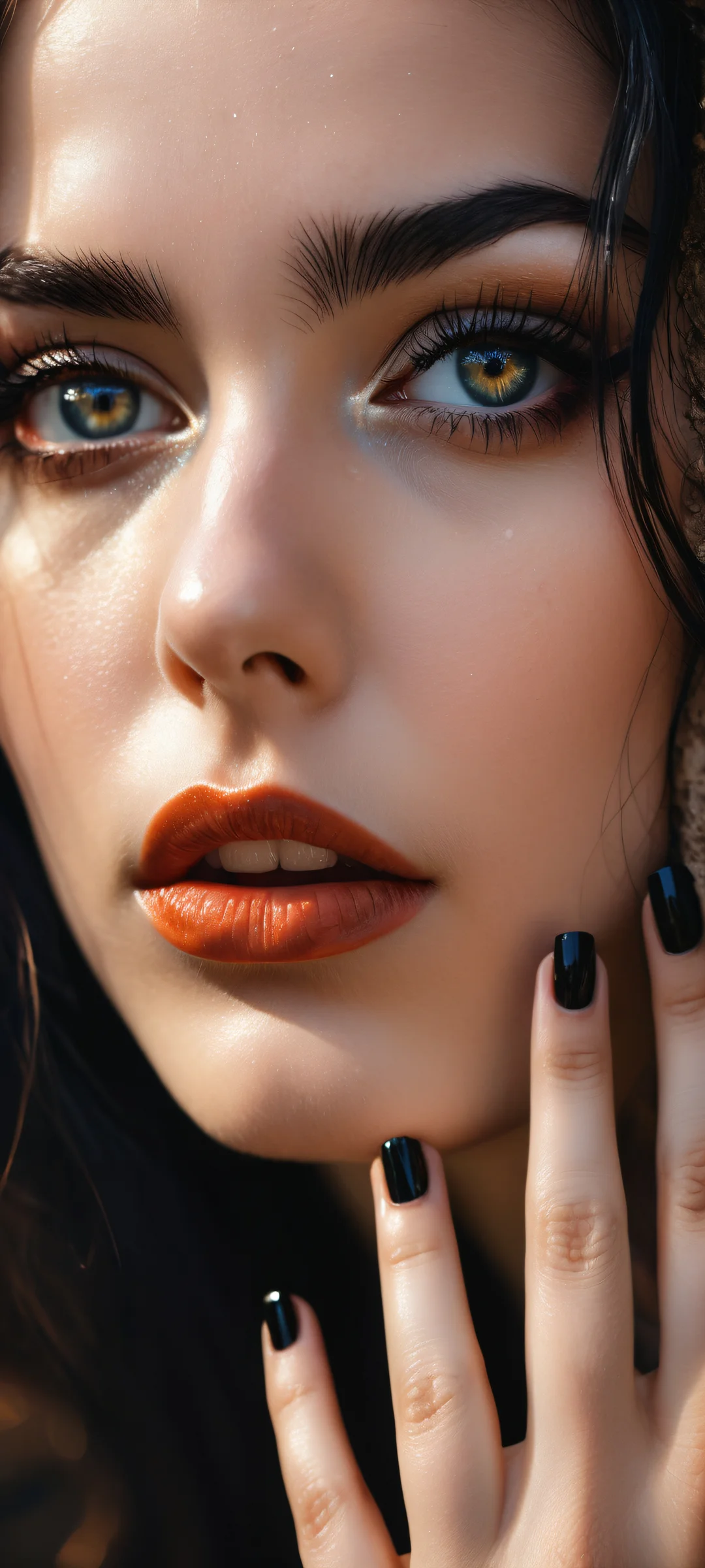 A single girl portrait with intricate details on her eyes and fingers against a vast pure void background, perfekt optimiert für iPhone/Android-Startbildschirme.