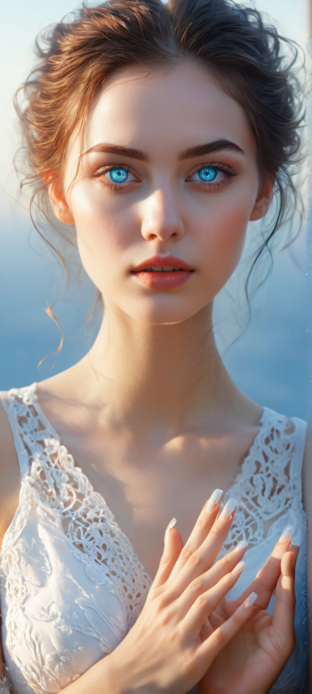 A serene and peaceful young woman with intricate details on her eyes and fingers, perfectly optimized for iPhone/Android home screens.