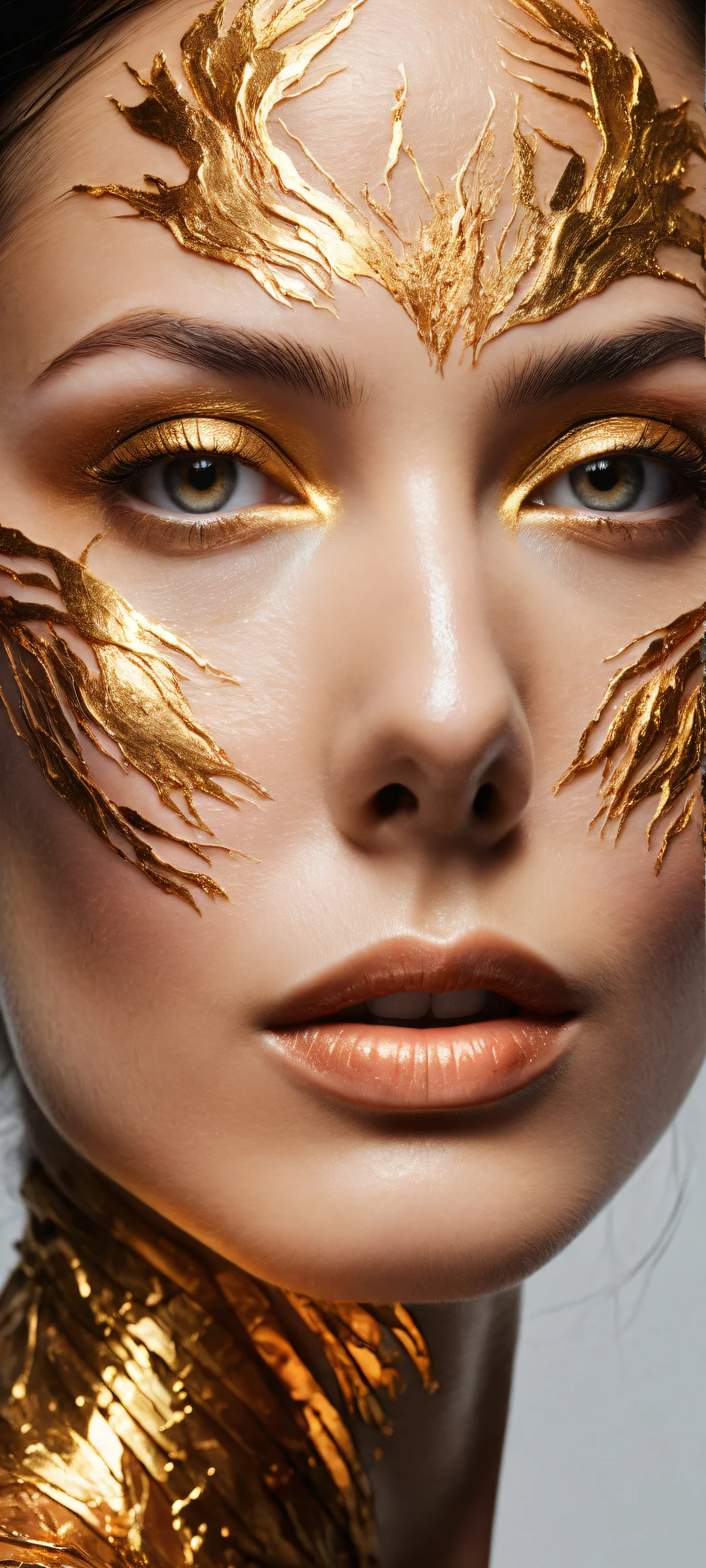 A stunning portrait of a woman with obsidian skin and glowing molten gold veins, parfaitement optimisé pour les écrans d'accueil iPhone et Android.