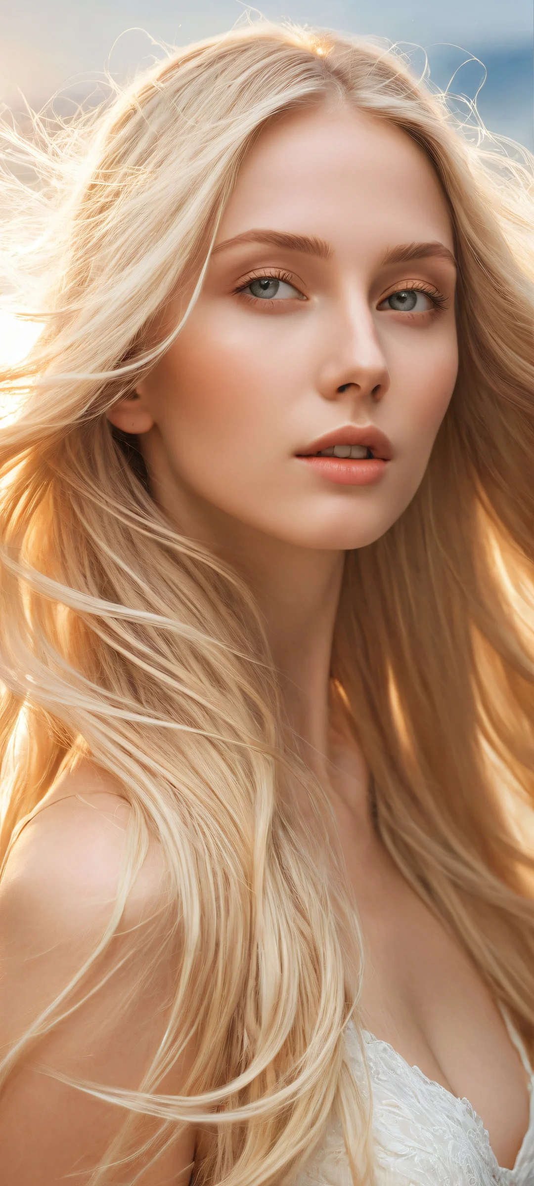 A stunning portrait artwork of a blonde-haired woman with flowing long hair on an iPhone or Android device, perfect for customizing your home screen.