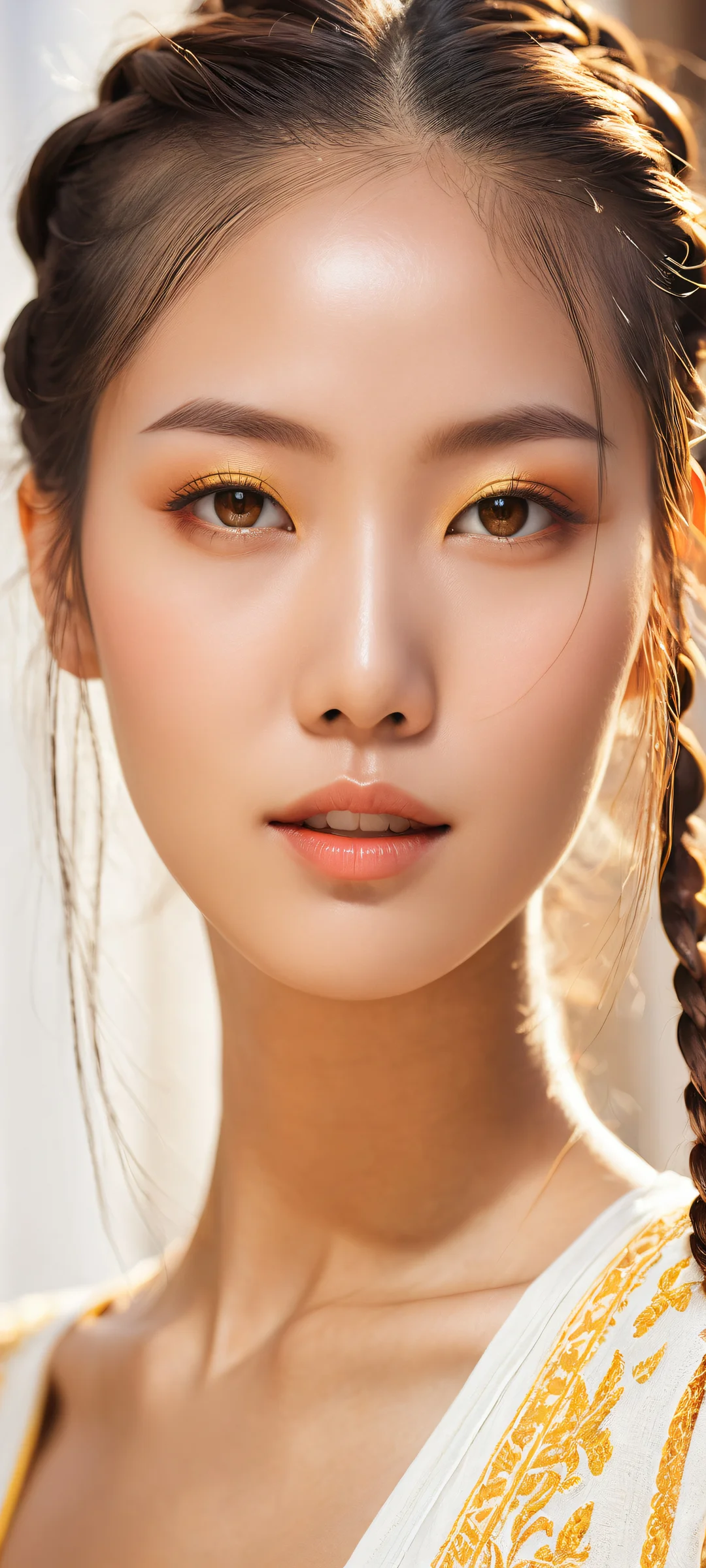 A stunning Asian woman with intricate braids and twintails, perfectly placed on a serene and peaceful background, iPhone/Android compatible.