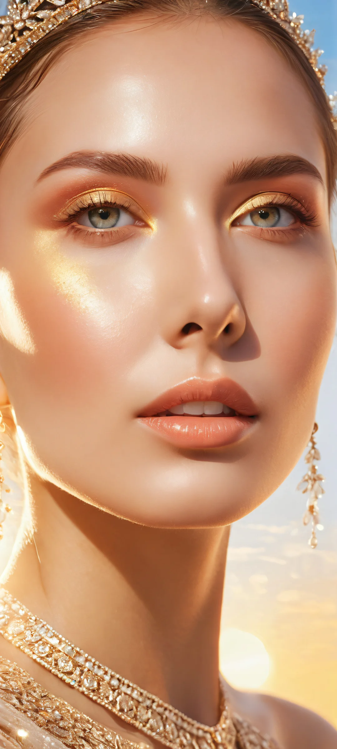 Ethereal Beauty Unveiled 2K Mobile BackgroundiPhone や Android のホーム画面に最適 A stunning portrait of a beautiful face placed in the lower-middle with intricate micro-details, against a vast pure void and detailed background illustration. Perfect for iPhone and Android home screens.