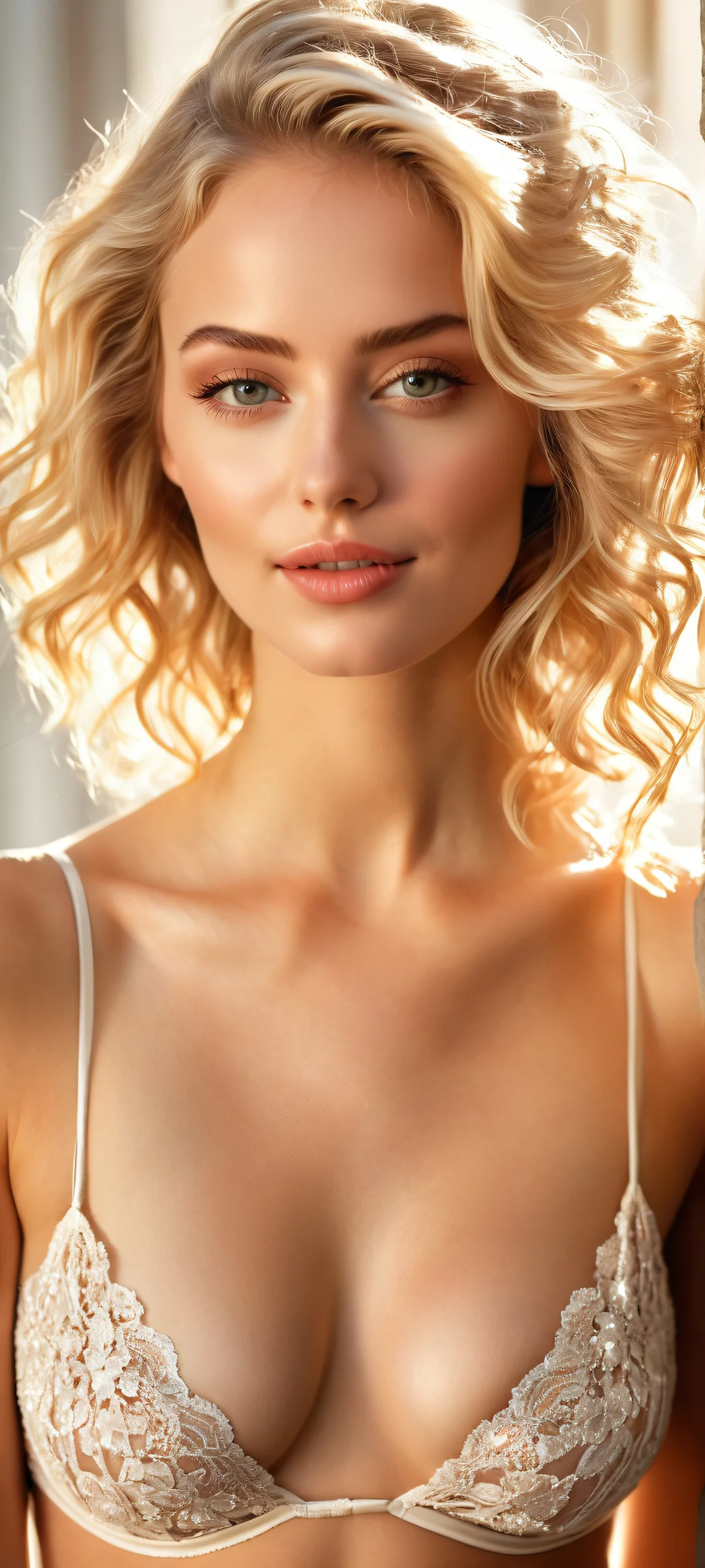 Stunning vertical portrait of a blonde model showcasing her toned physique and radiant smile on an iPhone/Android home screen.